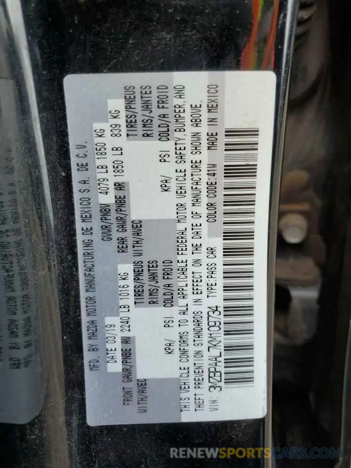 12 Photograph of a damaged car 3MZBPAAL7KM109734 MAZDA 3 2019
