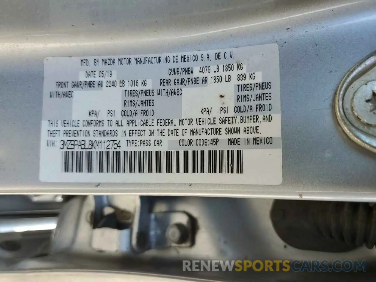 12 Photograph of a damaged car 3MZBPABL8KM112754 MAZDA 3 2019