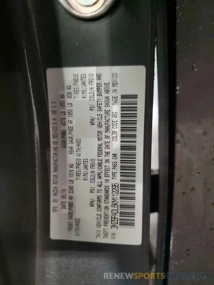12 Photograph of a damaged car 3MZBPADL6KM112295 MAZDA 3 2019