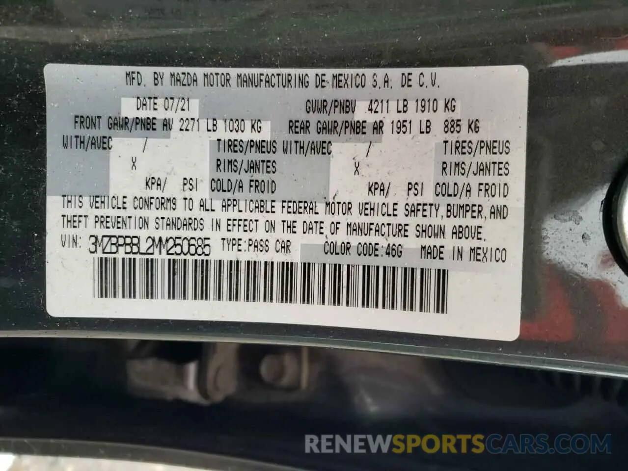 12 Фотография поврежденного автомобиля 3MZBPBBL2MM250685 MAZDA 3 2021