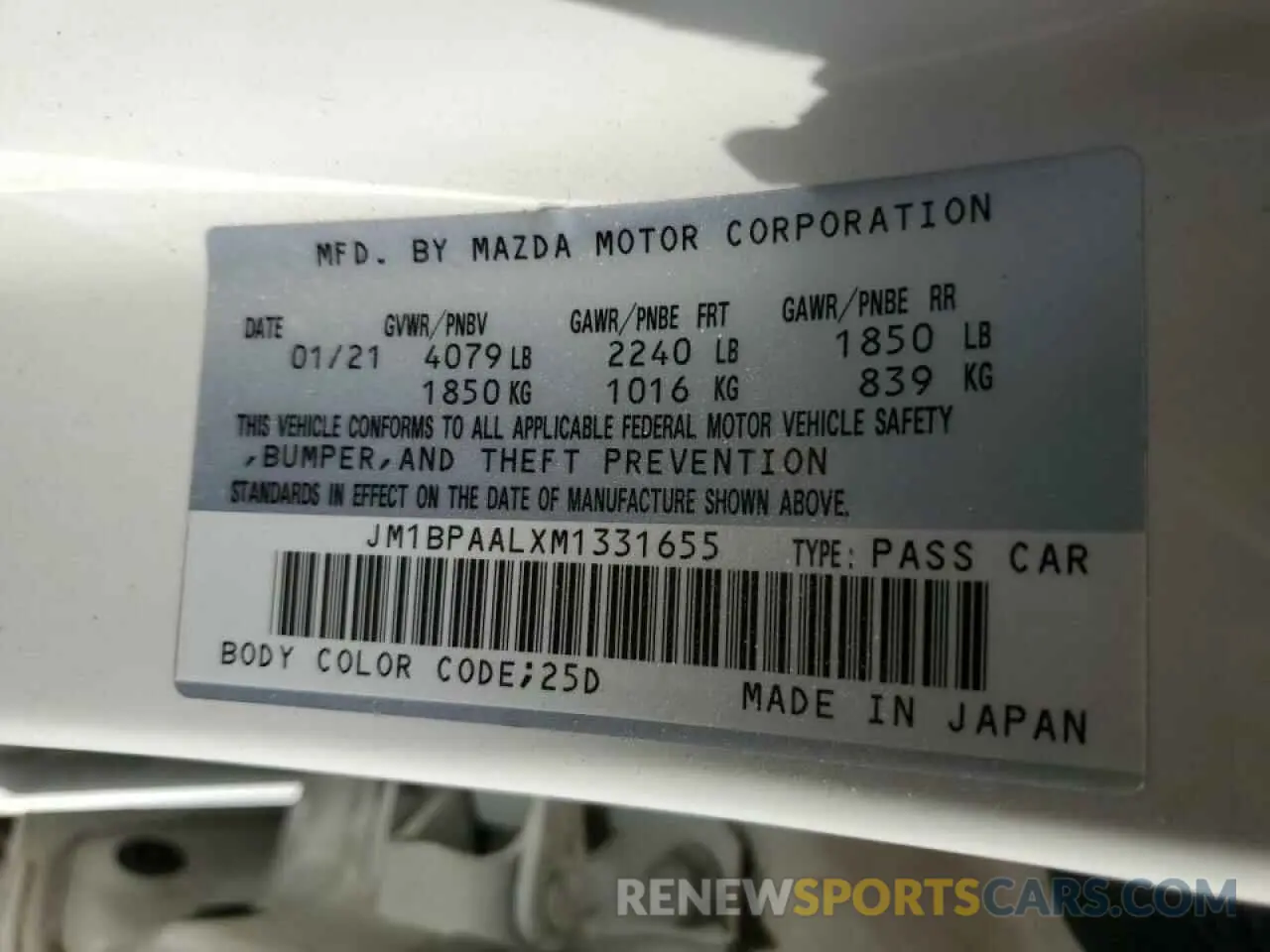 13 Photograph of a damaged car JM1BPAALXM1331655 MAZDA 3 2021