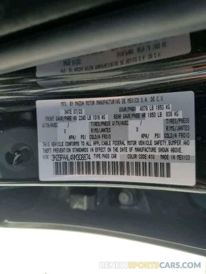 12 Photograph of a damaged car 3MZBPAAL4NM308874 MAZDA 3 2022