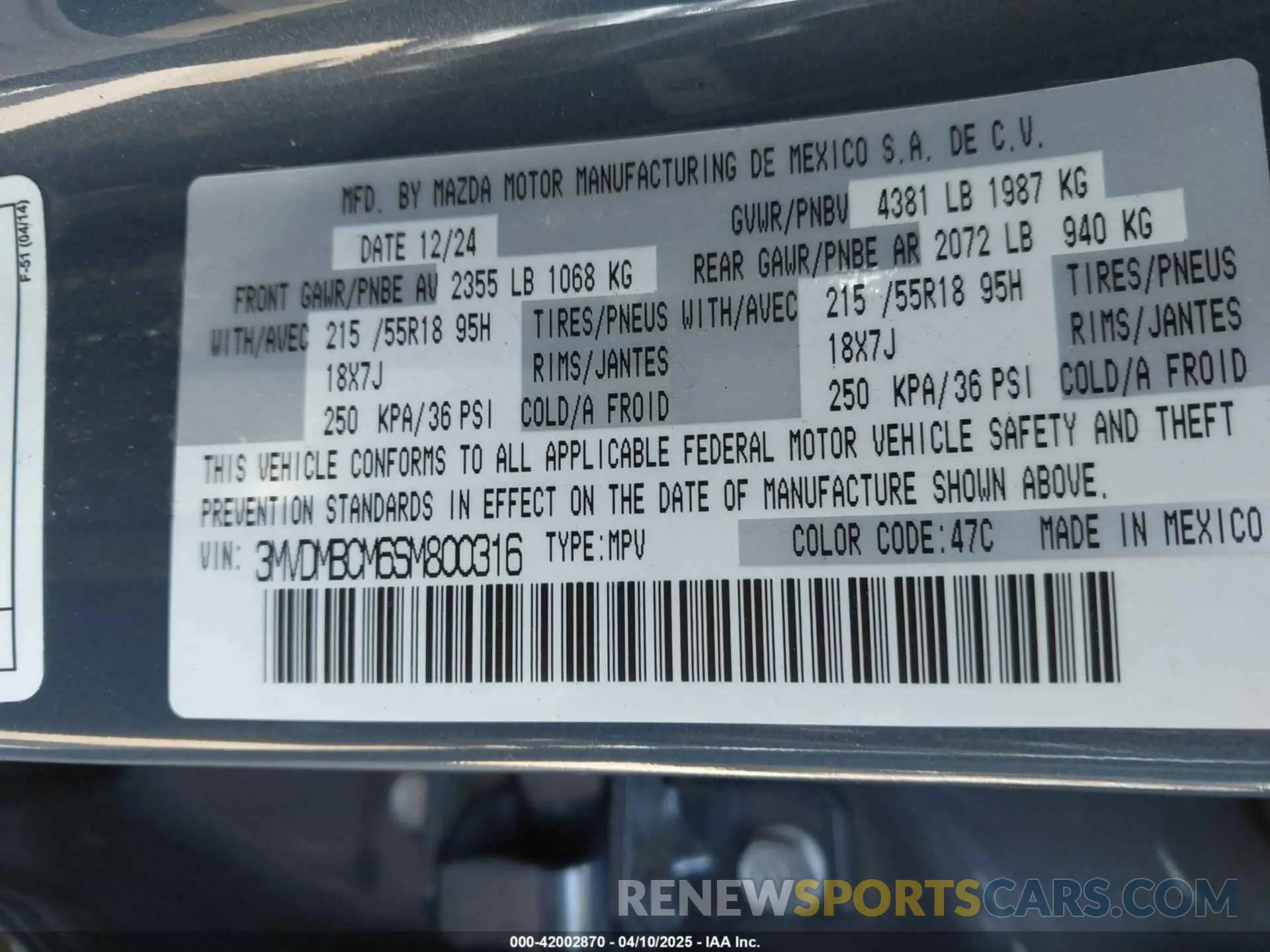 9 Фотография поврежденного автомобиля 3MVDMBCM6SM800316 MAZDA CX-30 2025