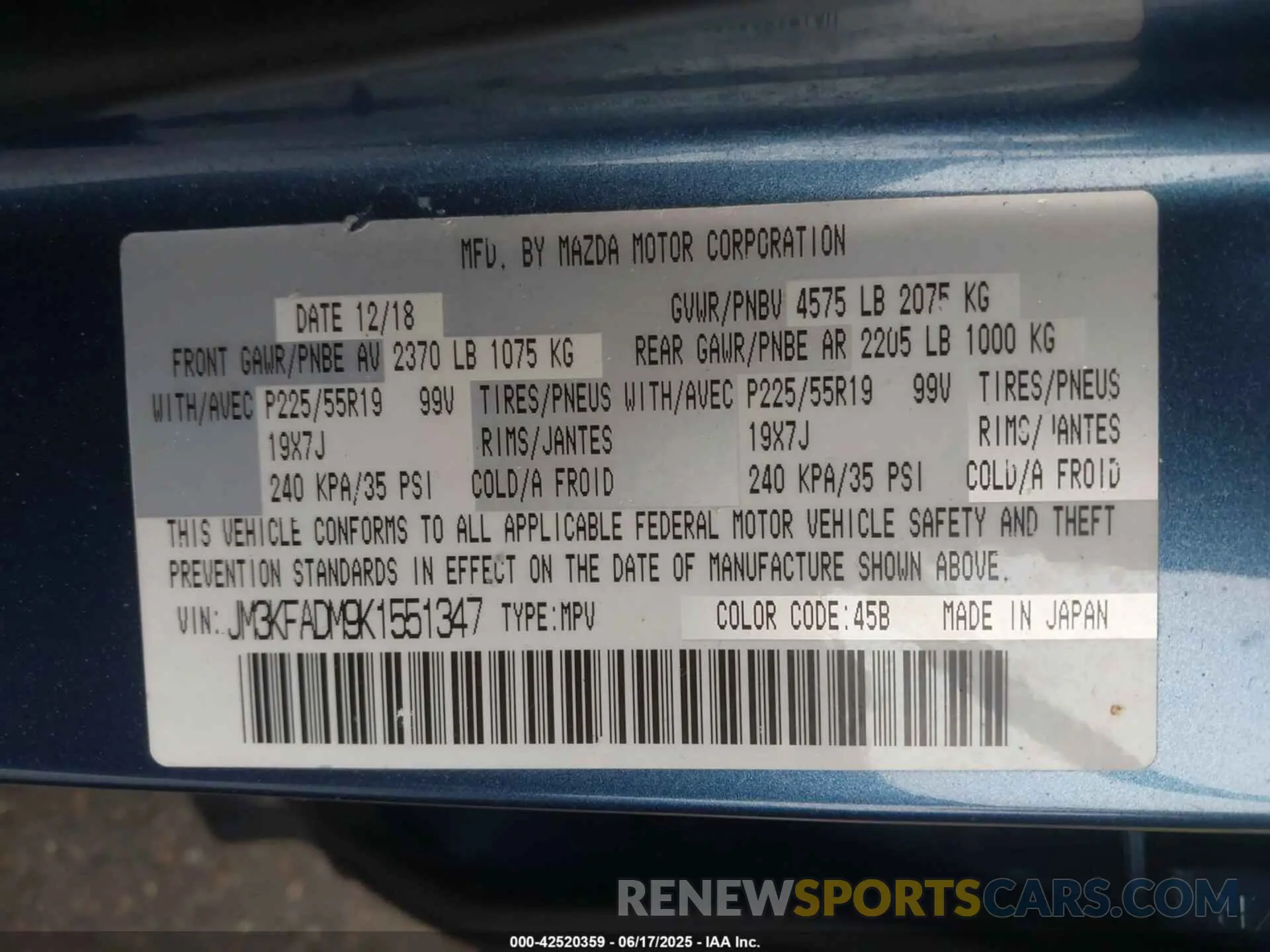 9 Photograph of a damaged car JM3KFADM9K1551347 MAZDA CX-5 2019