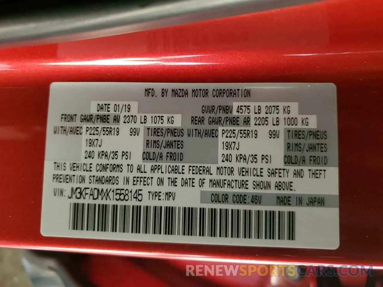 15 Photograph of a damaged car JM3KFADMXK1558145 MAZDA CX-5 2019
