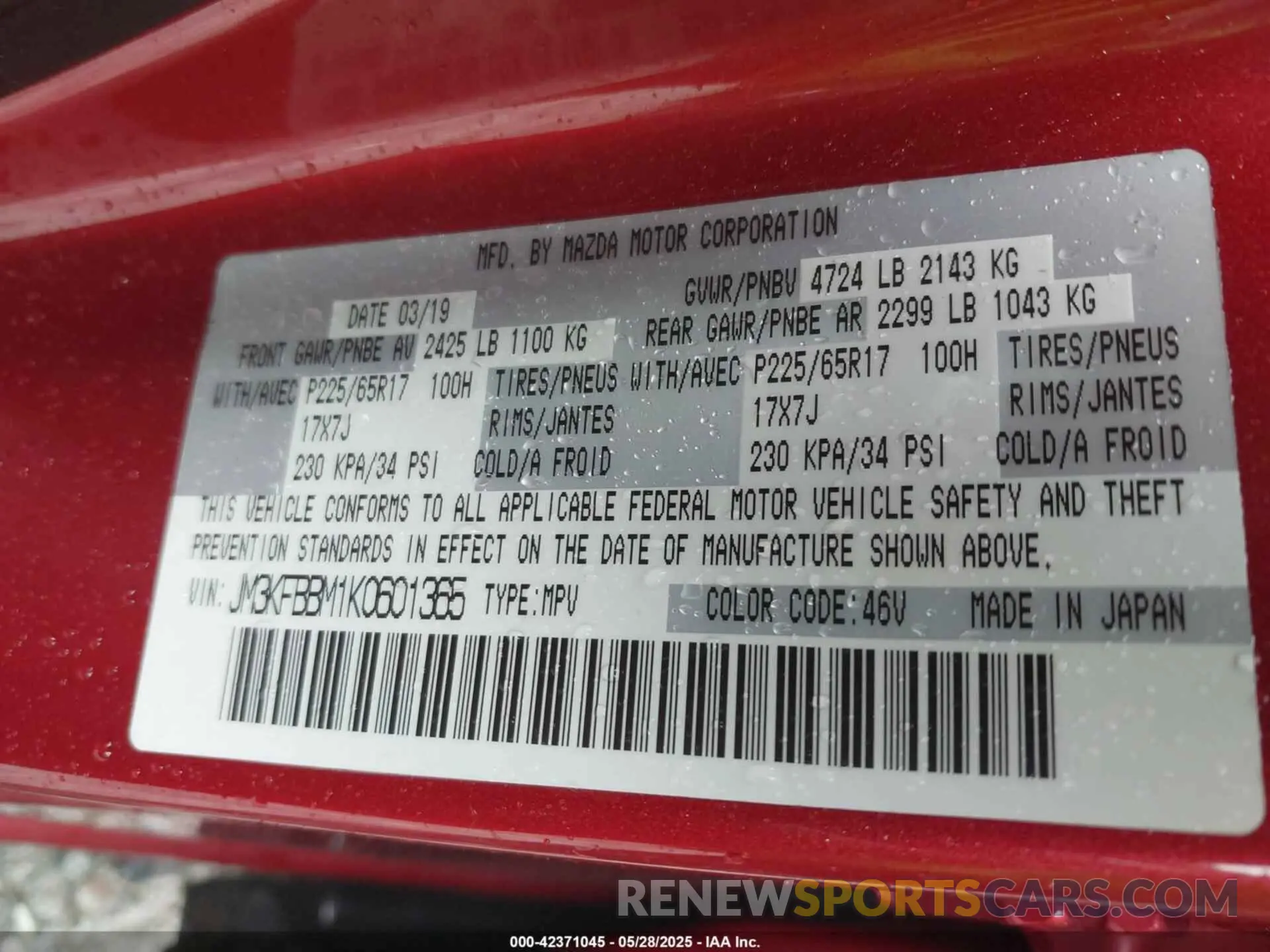 9 Photograph of a damaged car JM3KFBBM1K0601365 MAZDA CX-5 2019