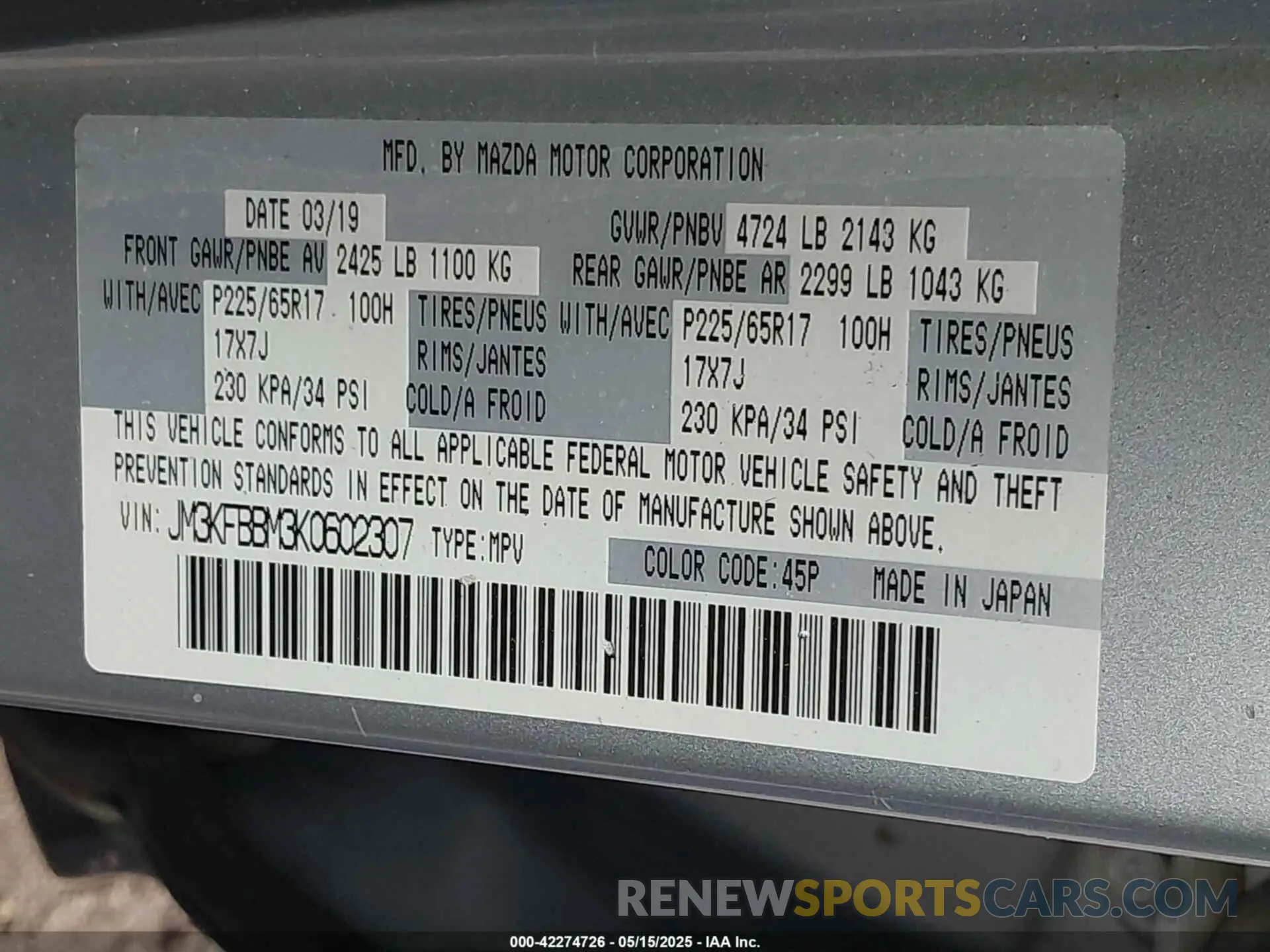 9 Photograph of a damaged car JM3KFBBM3K0602307 MAZDA CX-5 2019
