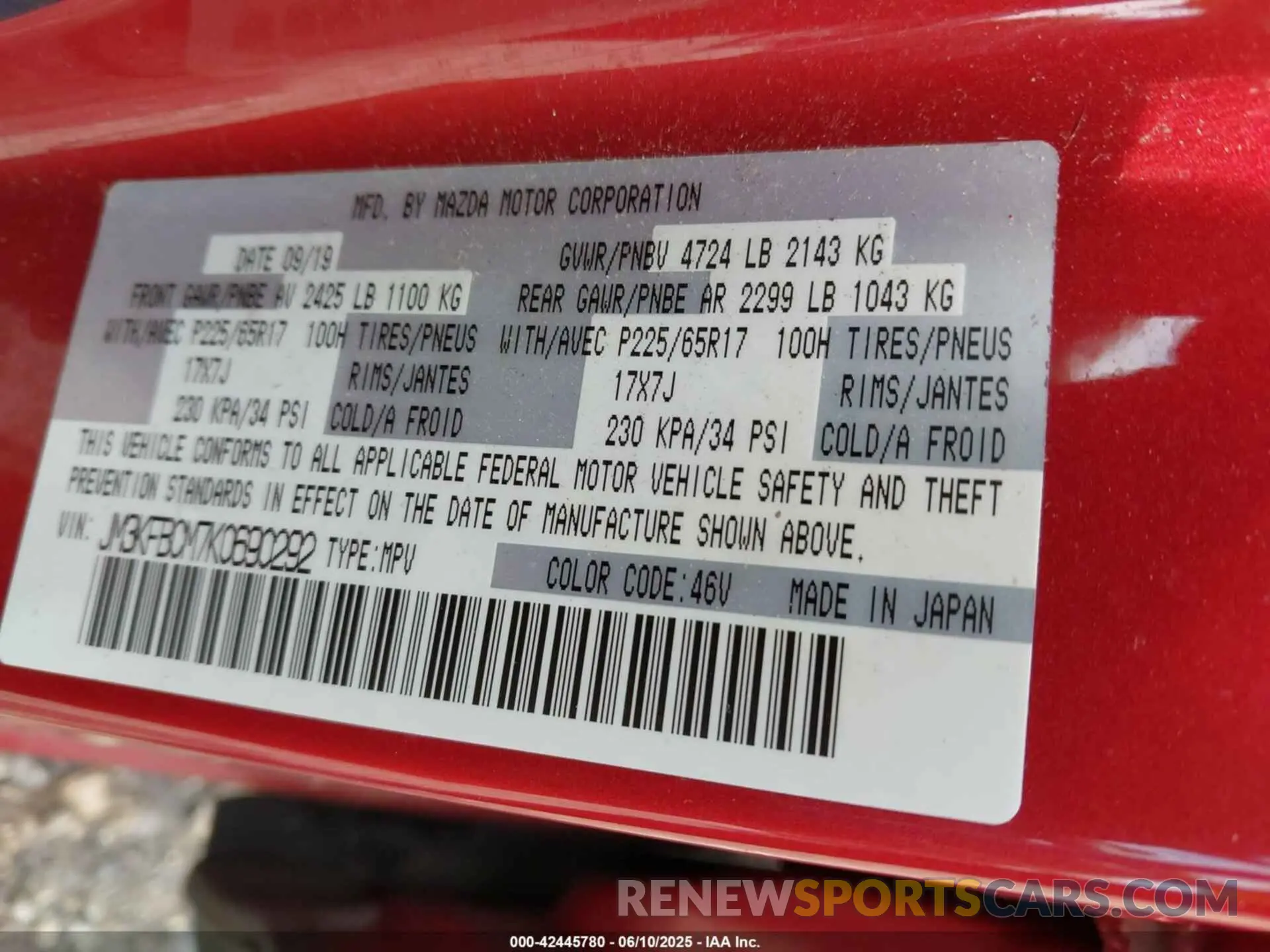 9 Photograph of a damaged car JM3KFBCM7K0690292 MAZDA CX-5 2019