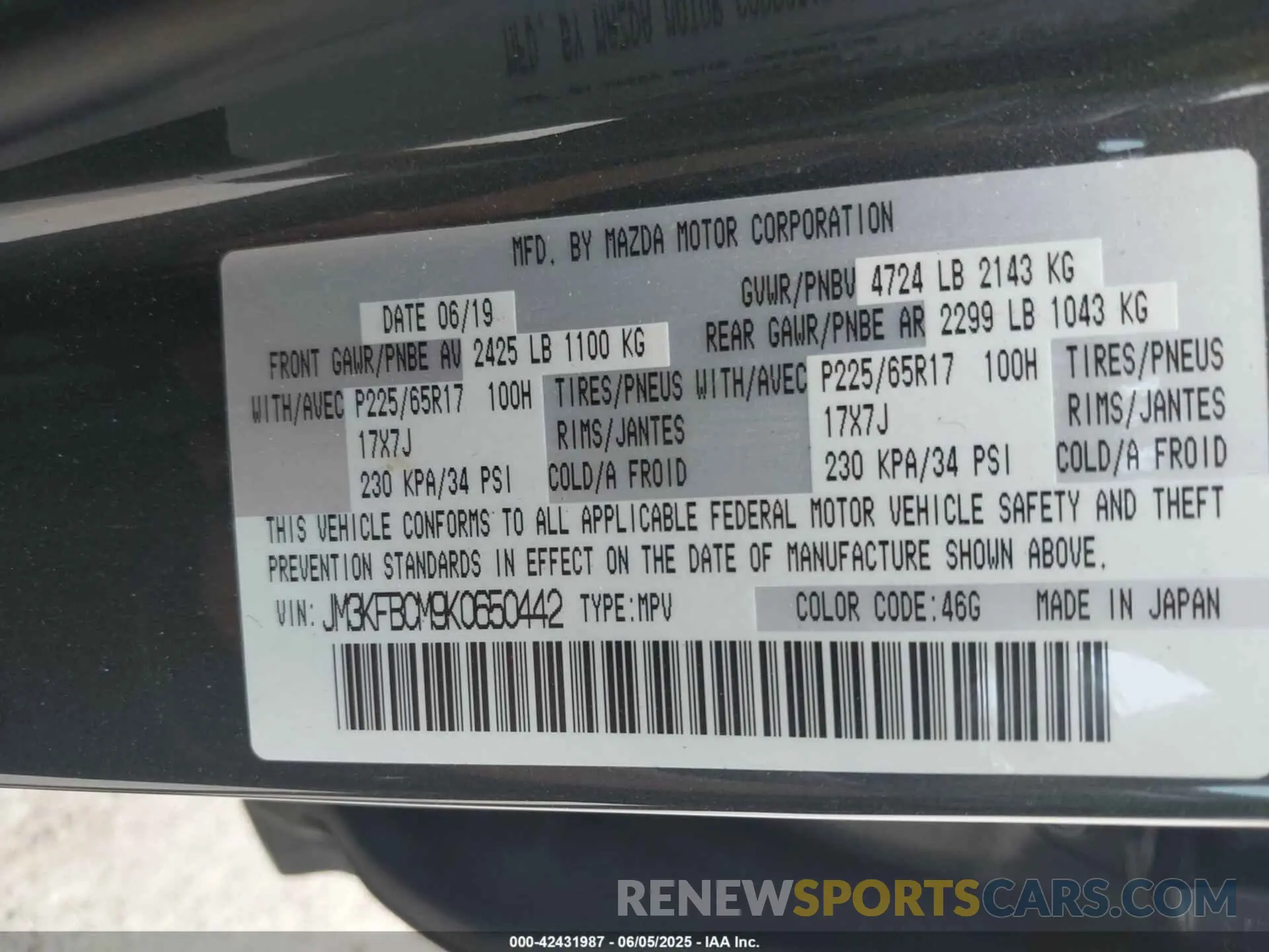 9 Photograph of a damaged car JM3KFBCM9K0650442 MAZDA CX-5 2019