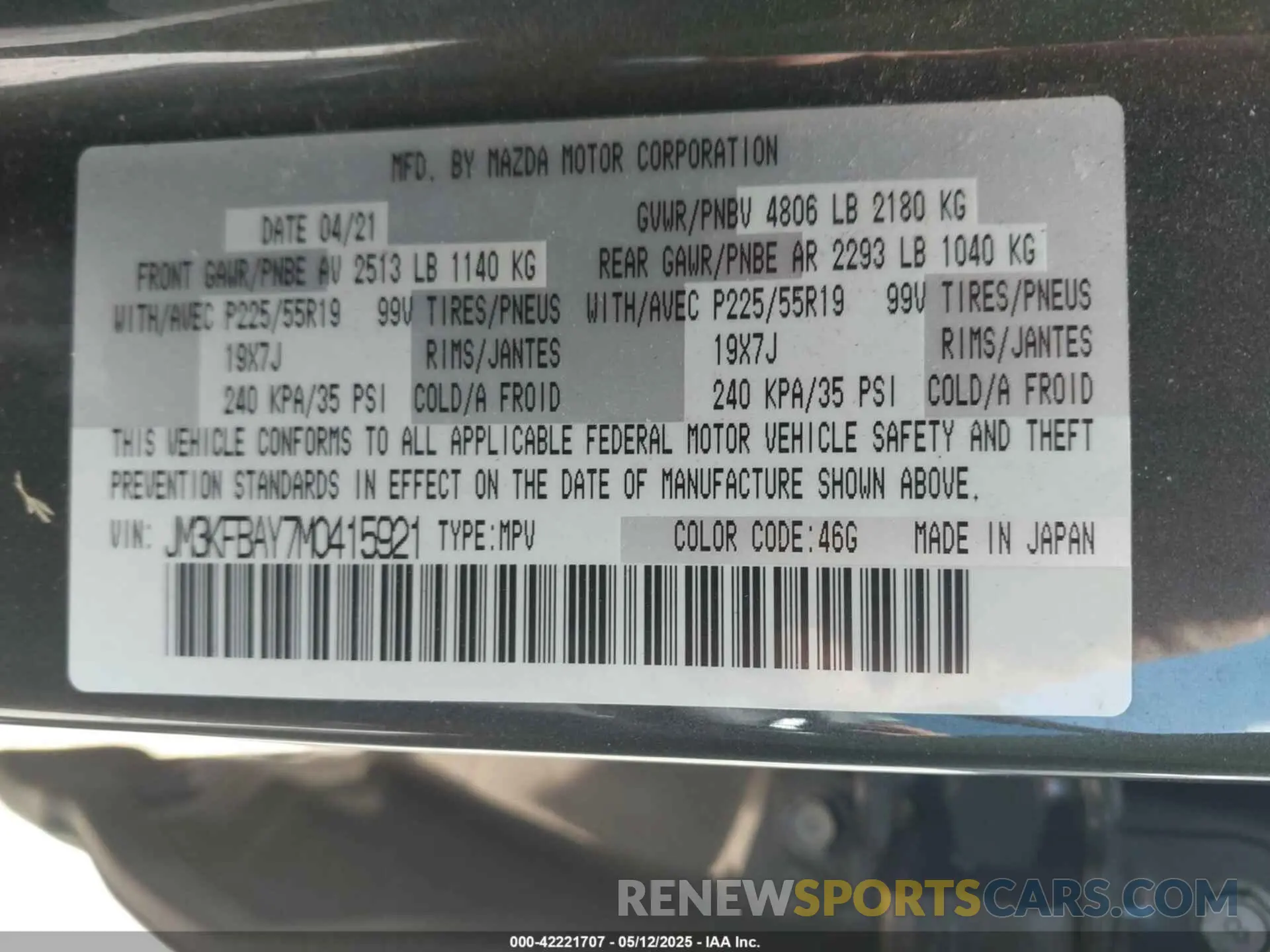 9 Photograph of a damaged car JM3KFBAY7M0415921 MAZDA CX-5 2021
