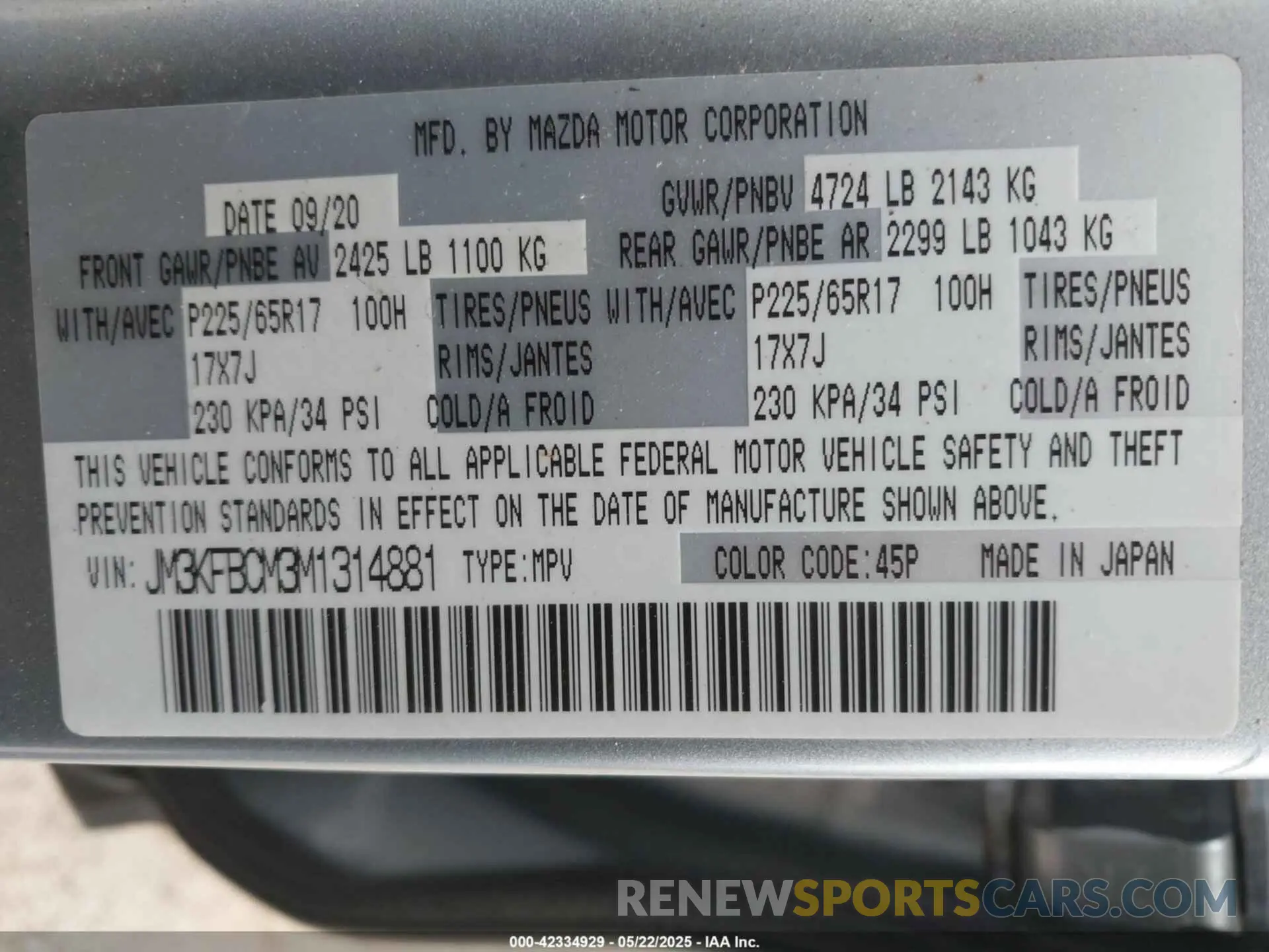 9 Фотография поврежденного автомобиля JM3KFBCM3M1314881 MAZDA CX-5 2021