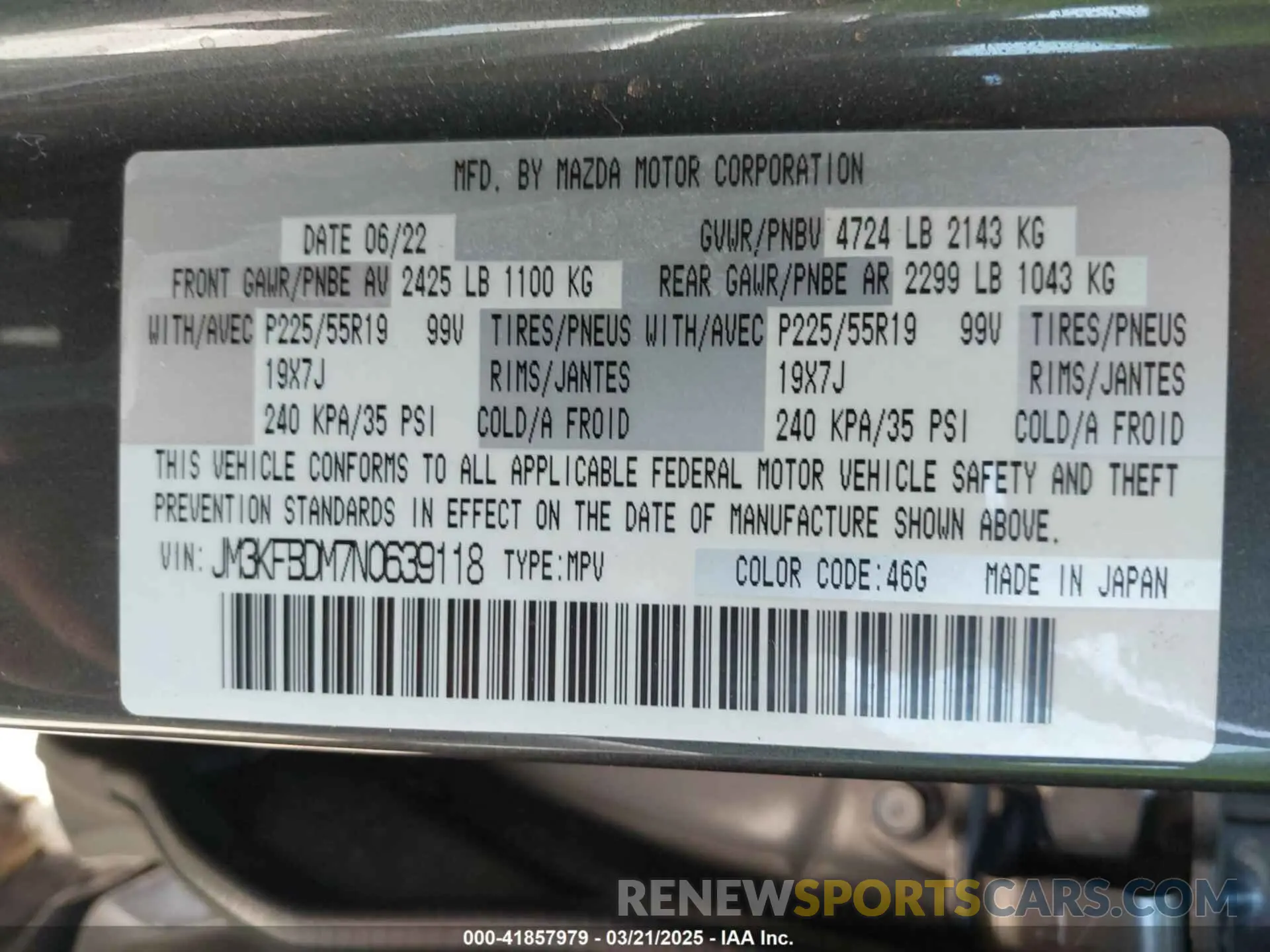 9 Photograph of a damaged car JM3KFBDM7N0639118 MAZDA CX-5 2022