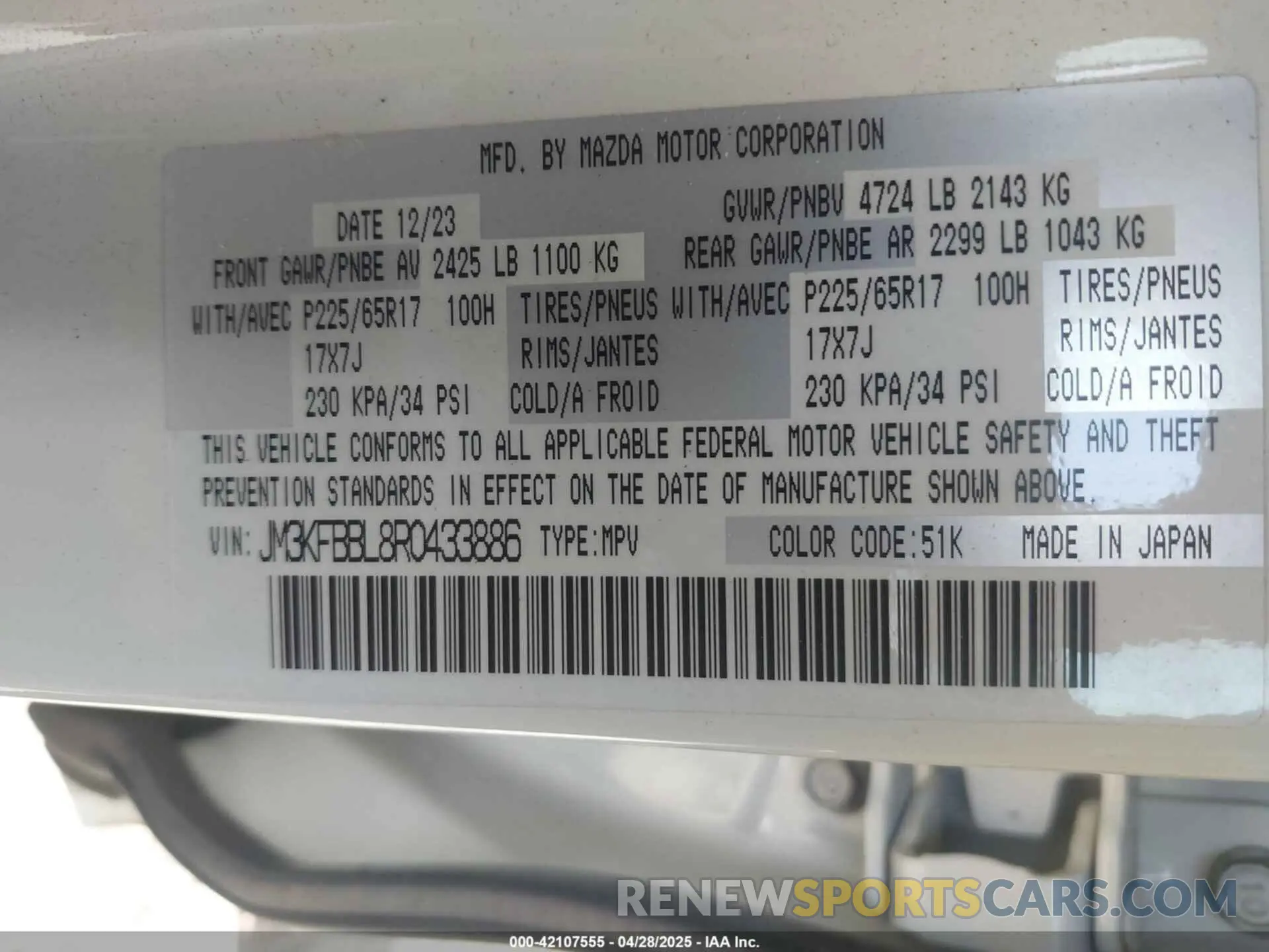 9 Фотография поврежденного автомобиля JM3KFBBL8R0433886 MAZDA CX-5 2024