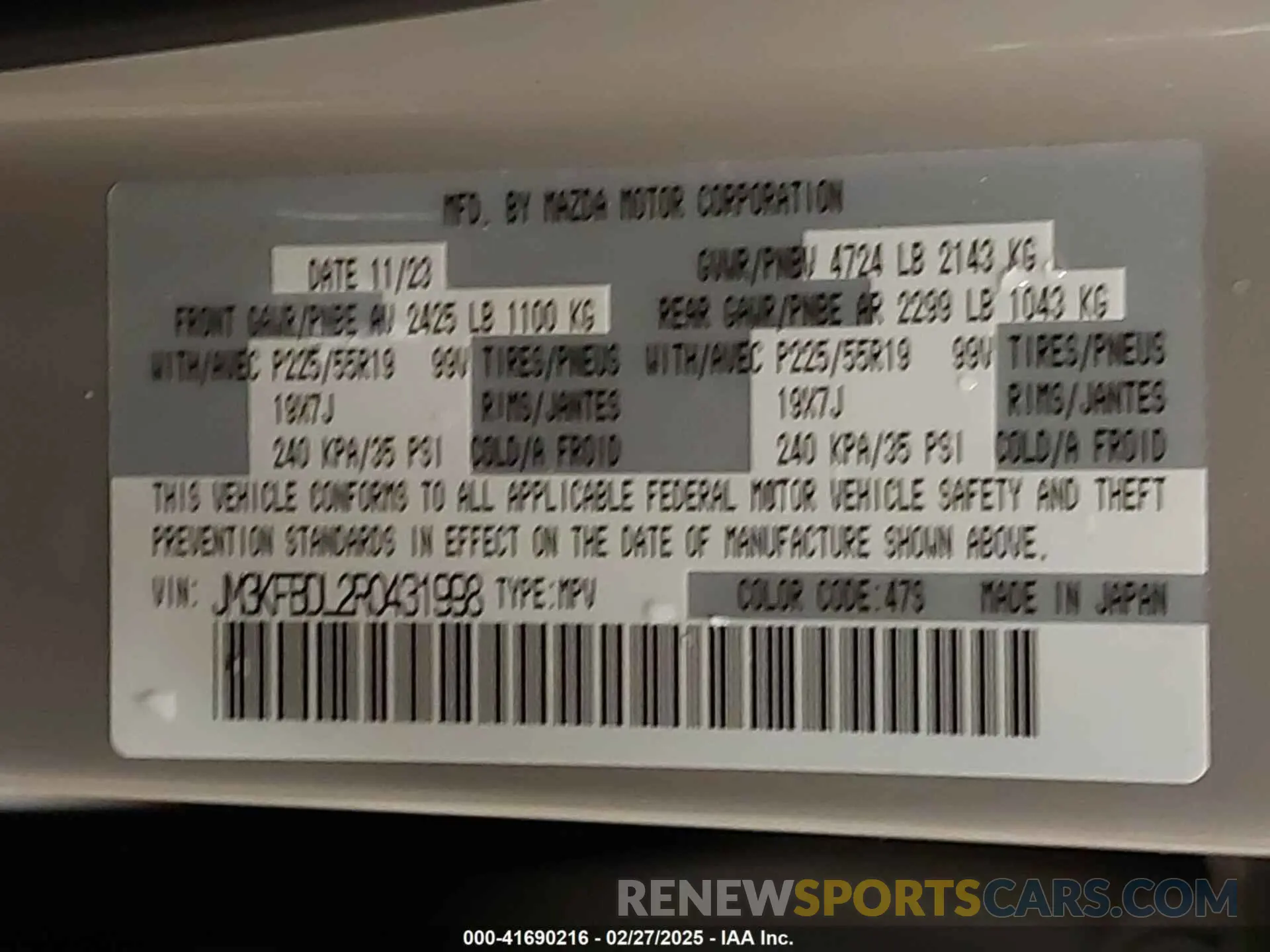 9 Фотография поврежденного автомобиля JM3KFBDL2R0431998 MAZDA CX-5 2024