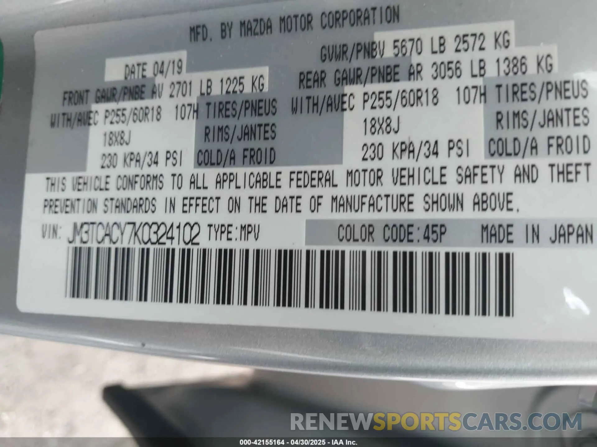 9 Фотография поврежденного автомобиля JM3TCACY7K0324102 MAZDA CX-9 2019