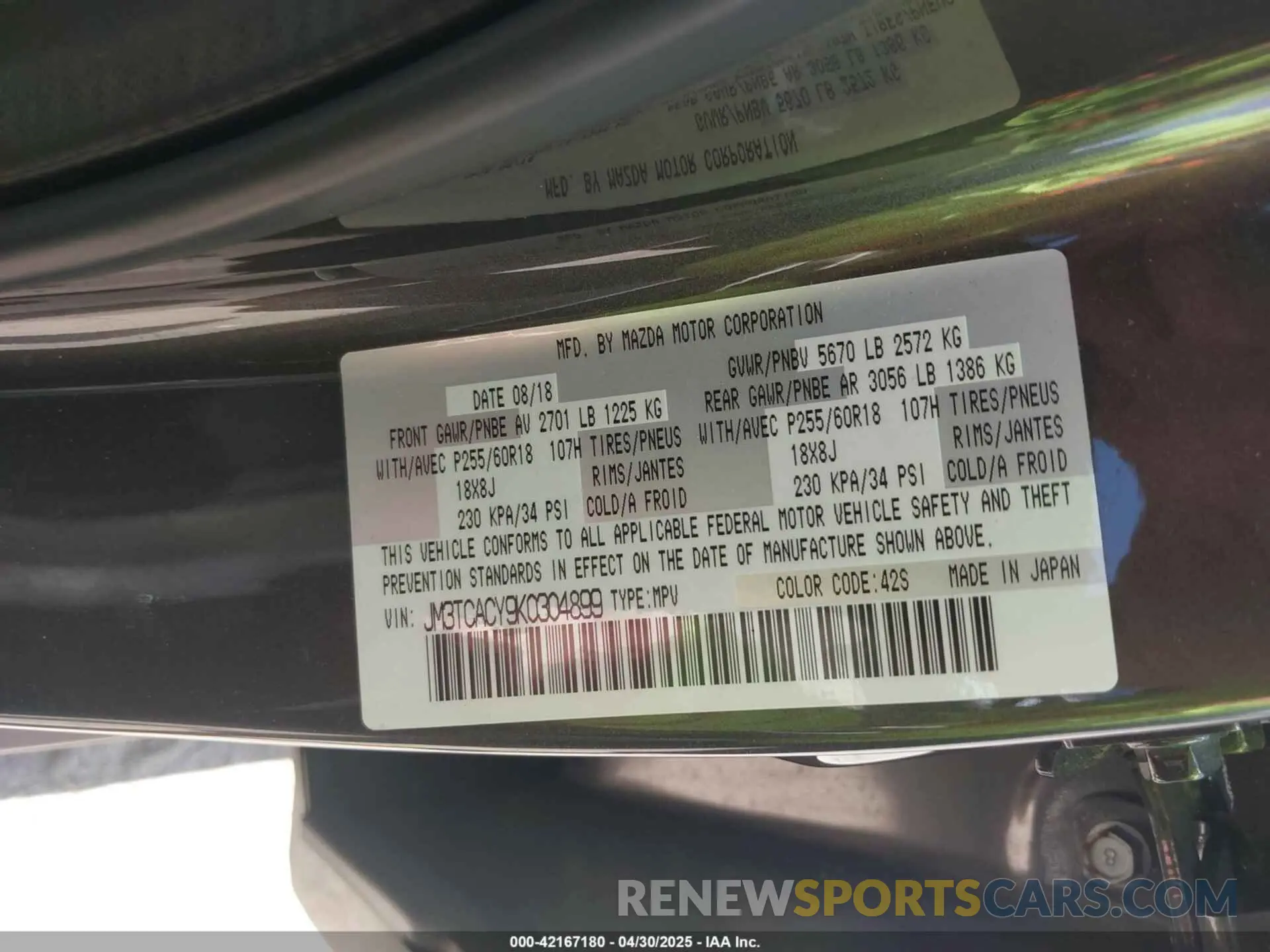 9 Photograph of a damaged car JM3TCACY9K0304899 MAZDA CX-9 2019