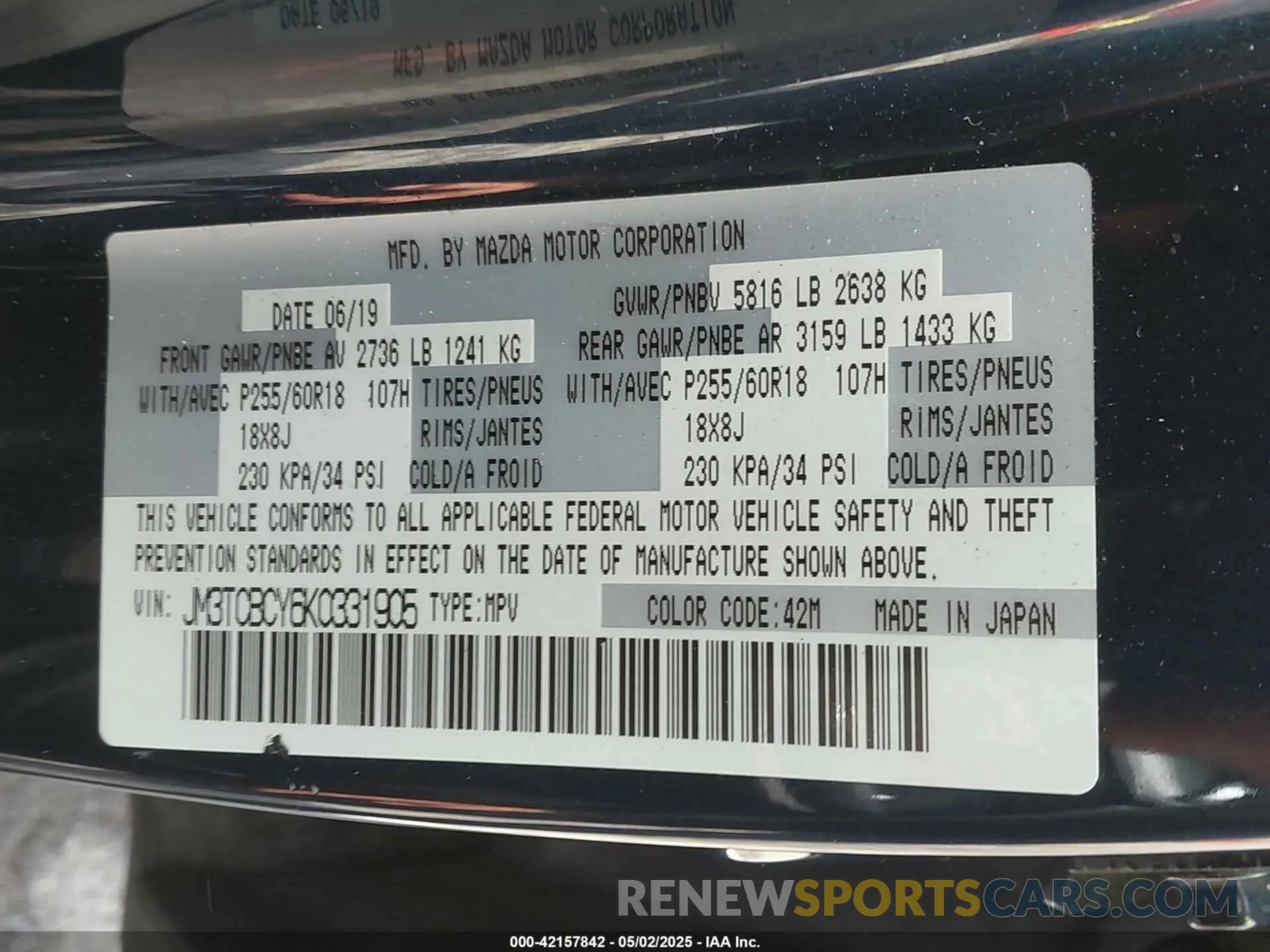9 Photograph of a damaged car JM3TCBCY6K0331905 MAZDA CX-9 2019