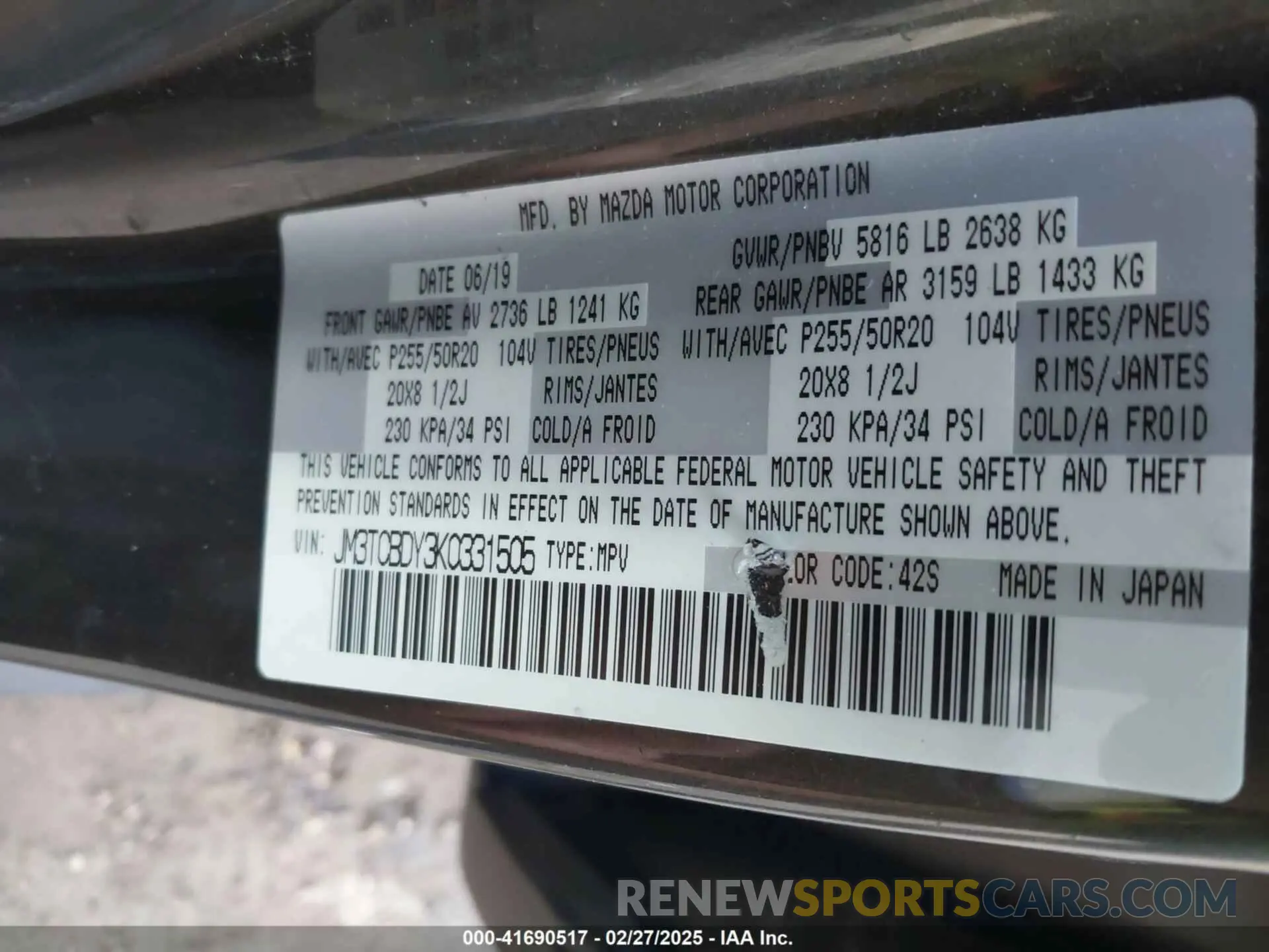 9 Фотография поврежденного автомобиля JM3TCBDY3K0331505 MAZDA CX-9 2019
