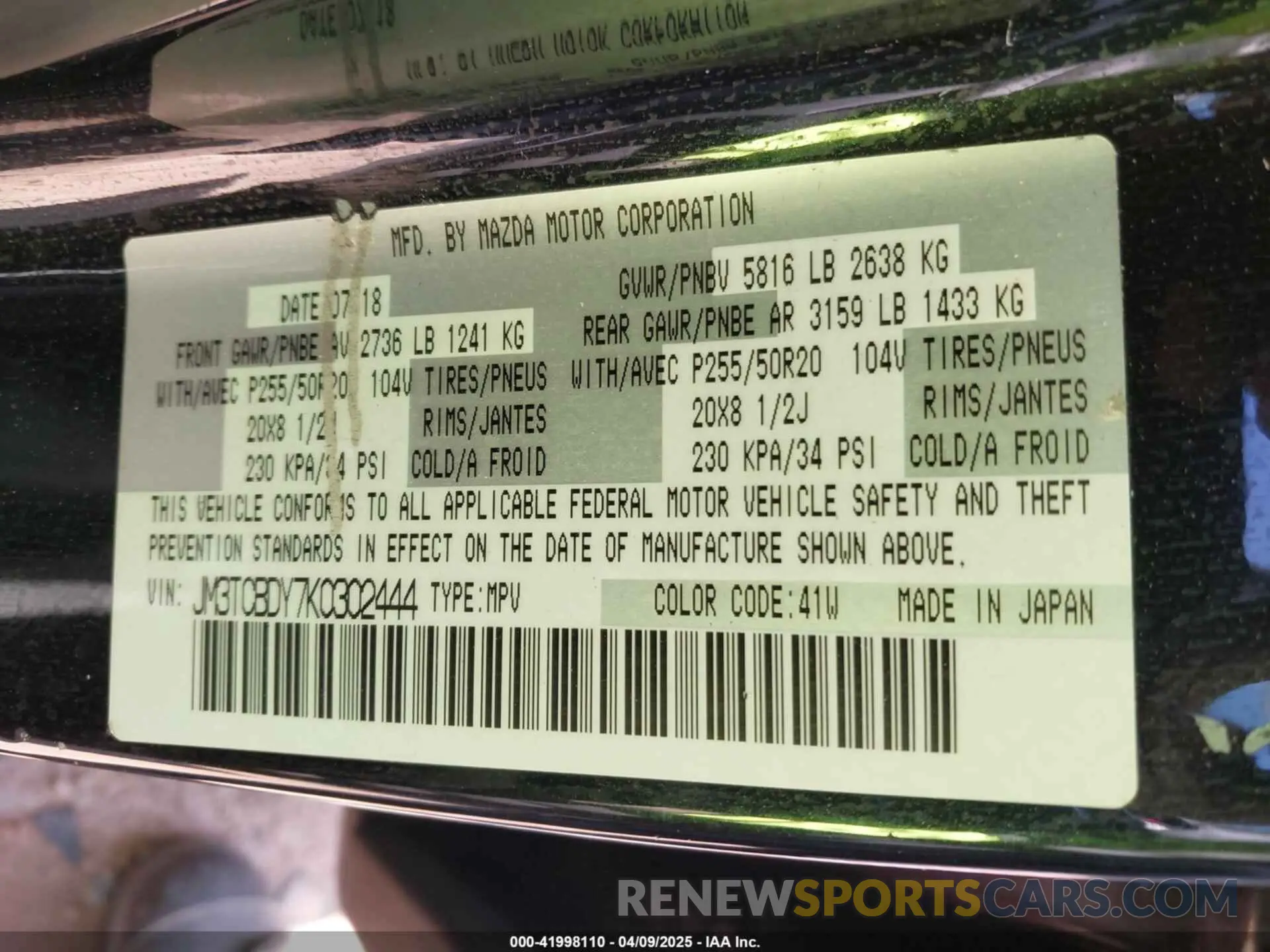 9 Фотография поврежденного автомобиля JM3TCBDY7K0302444 MAZDA CX-9 2019
