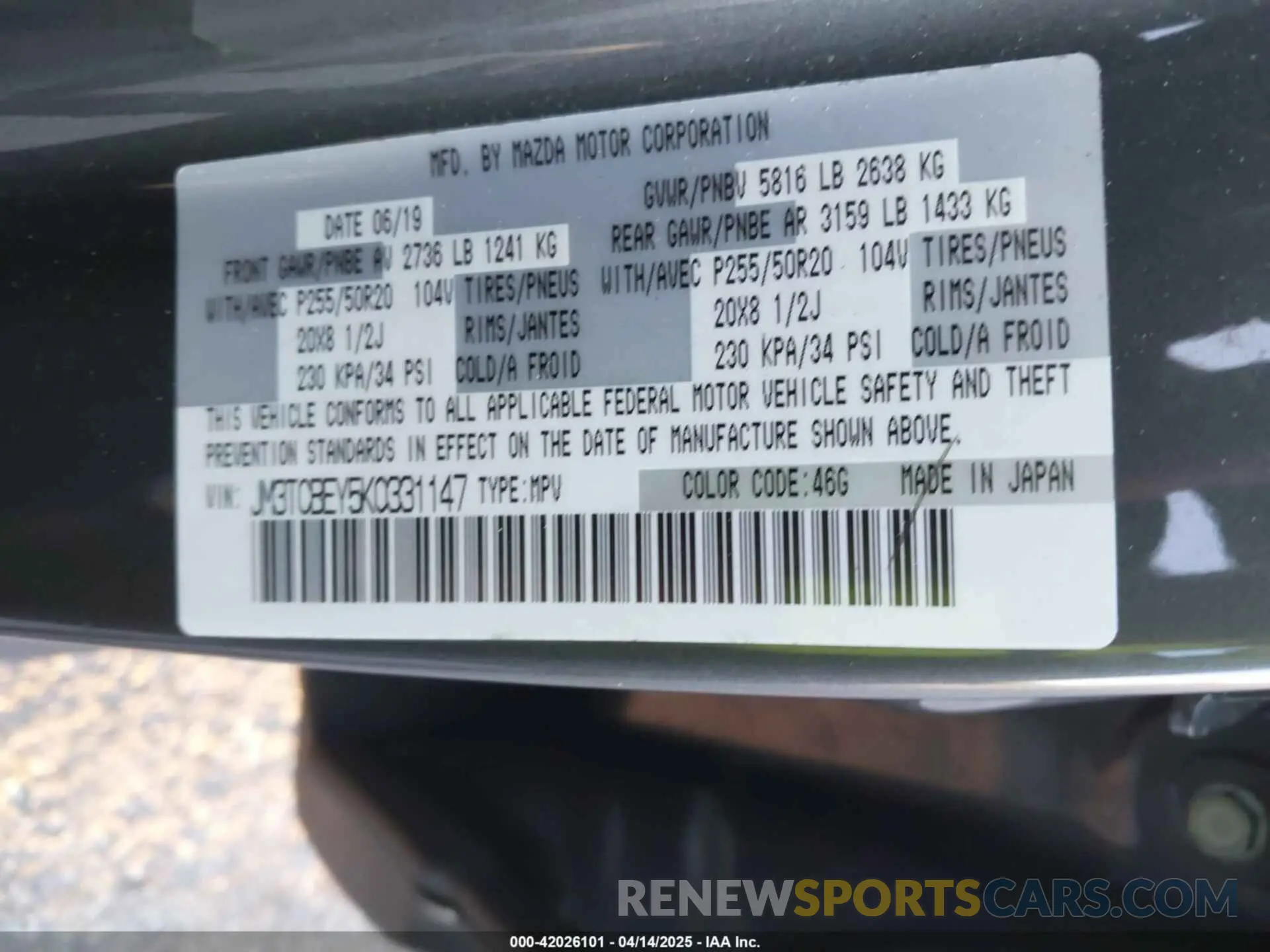 9 Фотография поврежденного автомобиля JM3TCBEY5K0331147 MAZDA CX-9 2019
