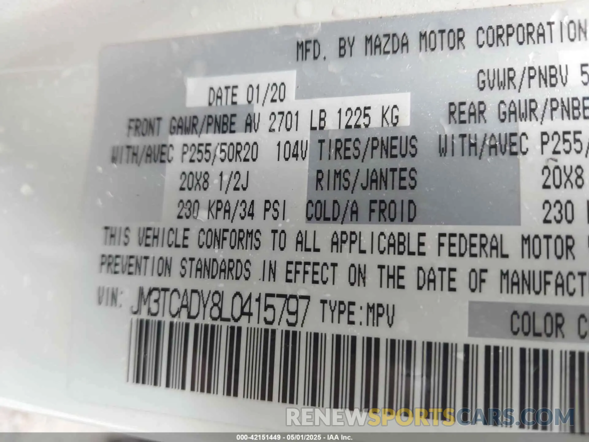 9 Фотография поврежденного автомобиля JM3TCADY8L0415797 MAZDA CX-9 2020