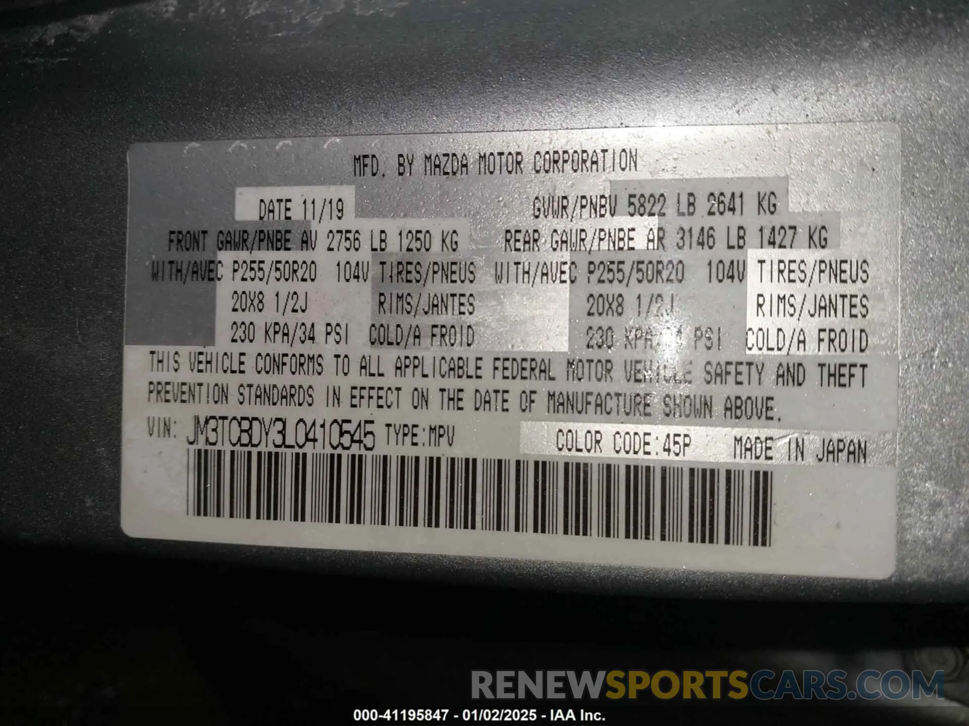 9 Фотография поврежденного автомобиля JM3TCBDY3L0410545 MAZDA CX-9 2020