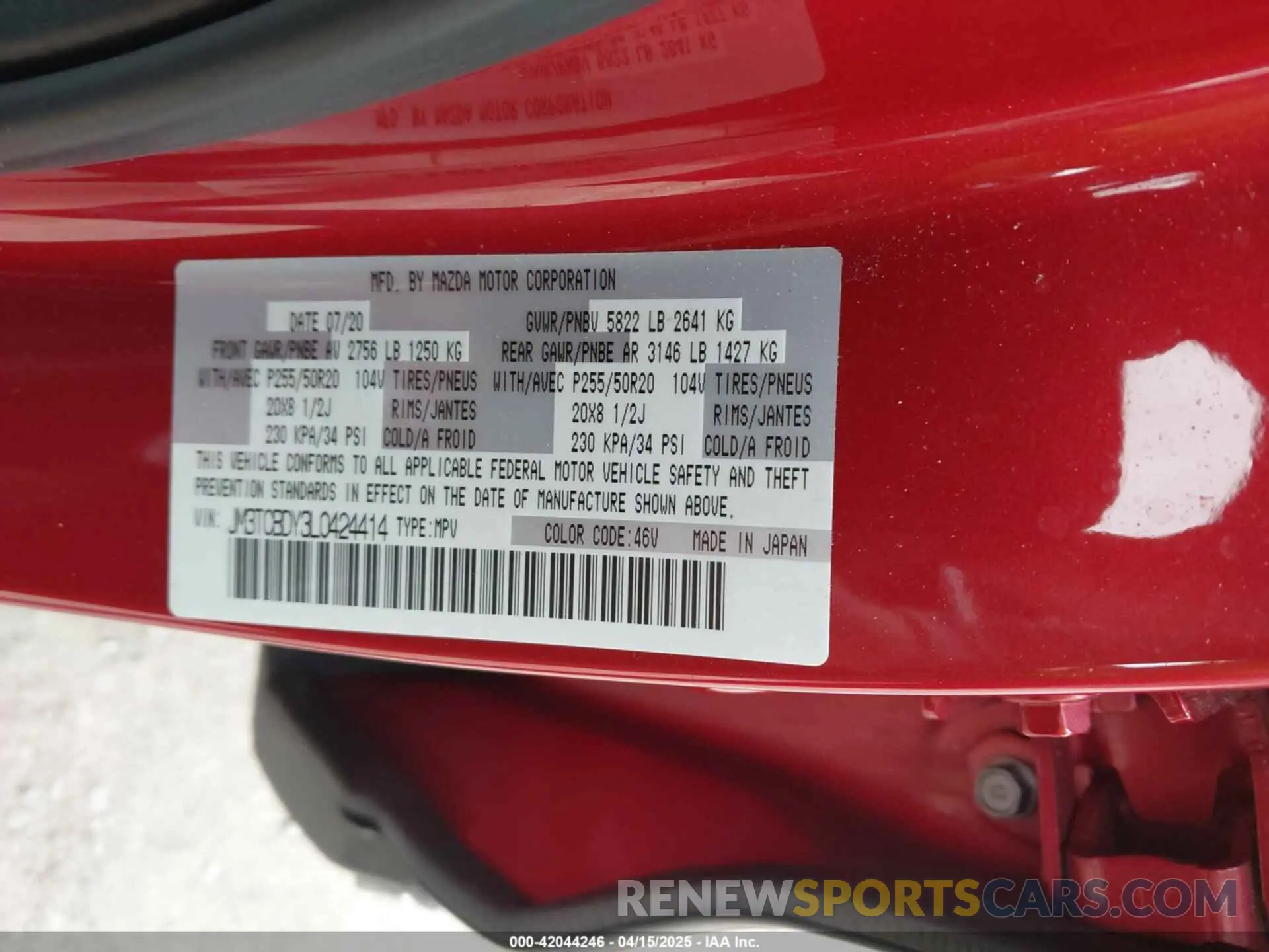 9 Photograph of a damaged car JM3TCBDY3L0424414 MAZDA CX-9 2020