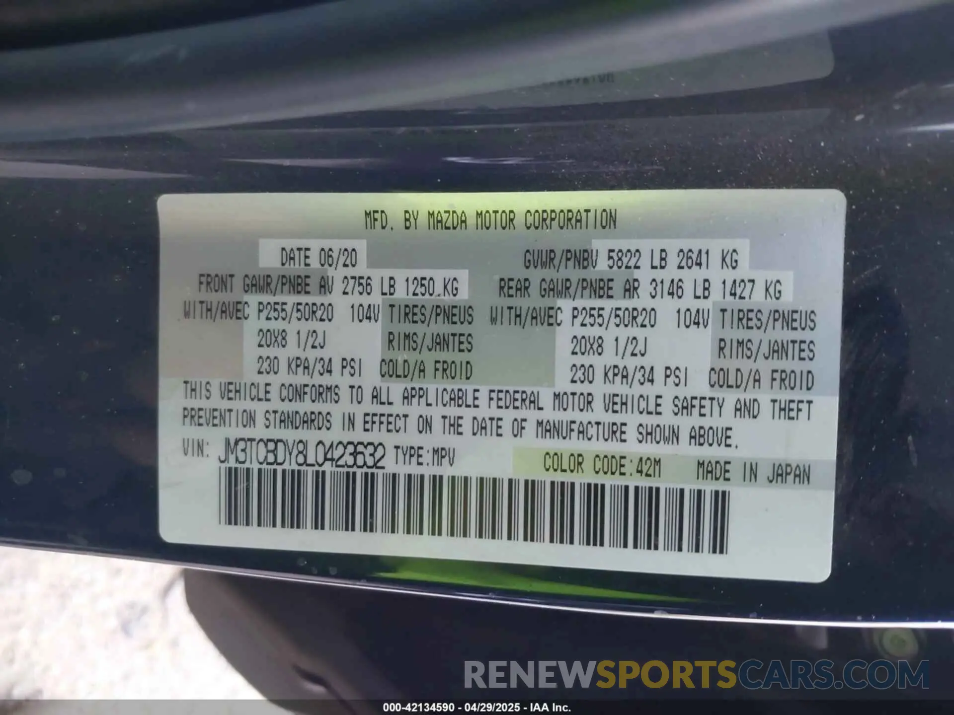 9 Фотография поврежденного автомобиля JM3TCBDY8L0423632 MAZDA CX-9 2020