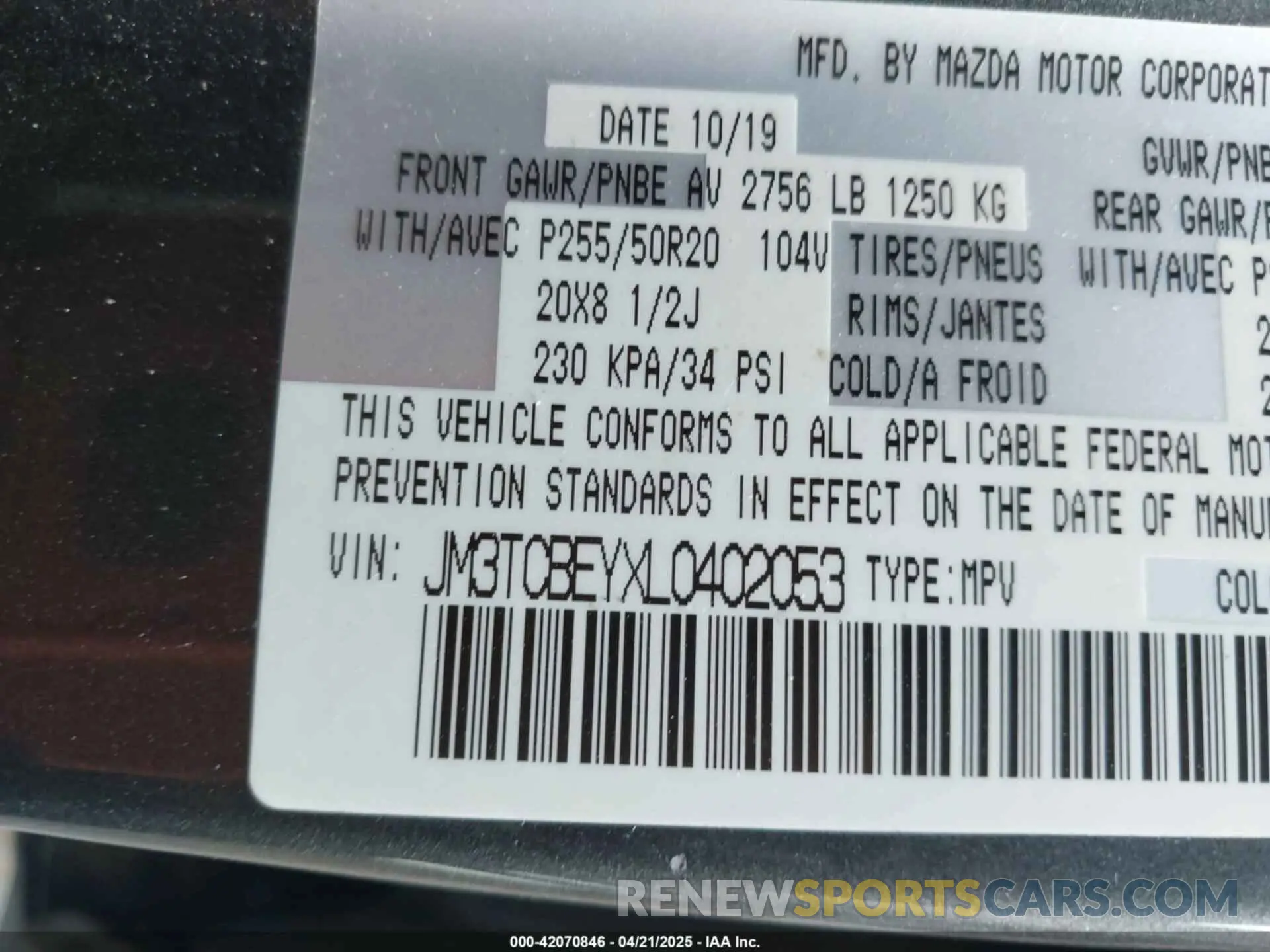 9 Photograph of a damaged car JM3TCBEYXL0402053 MAZDA CX-9 2020