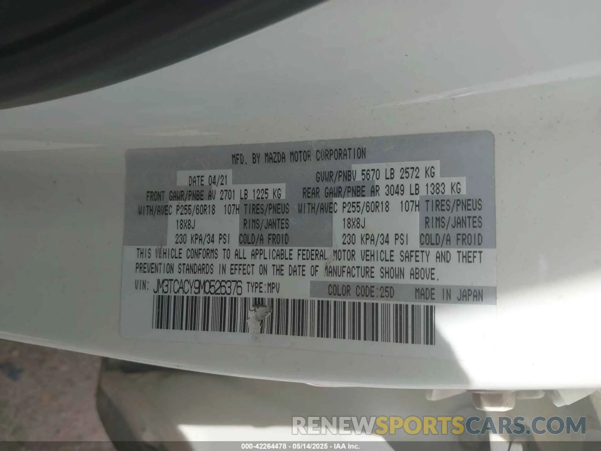 9 Фотография поврежденного автомобиля JM3TCACY9M0526376 MAZDA CX-9 2021