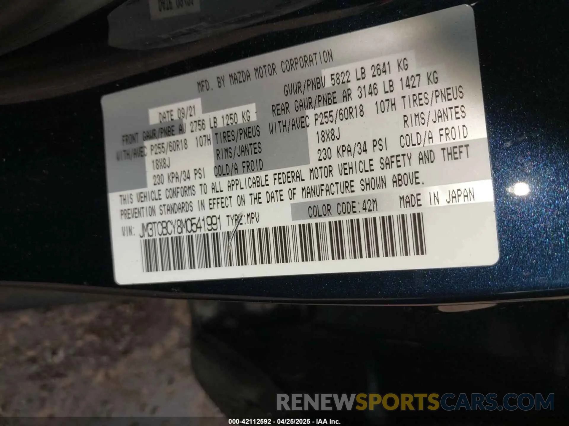 9 Фотография поврежденного автомобиля JM3TCBCY8M0541991 MAZDA CX-9 2021