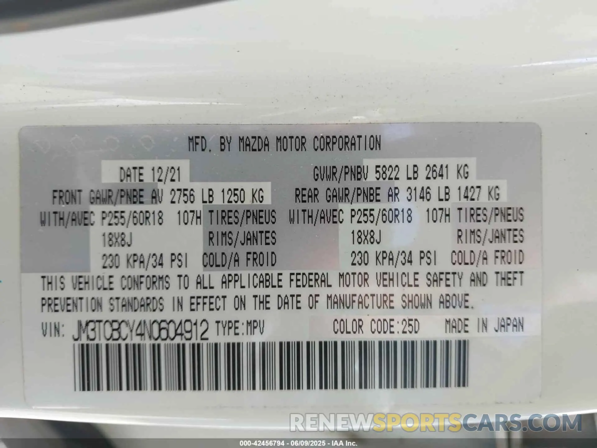 9 Photograph of a damaged car JM3TCBCY4N0604912 MAZDA CX-9 2022