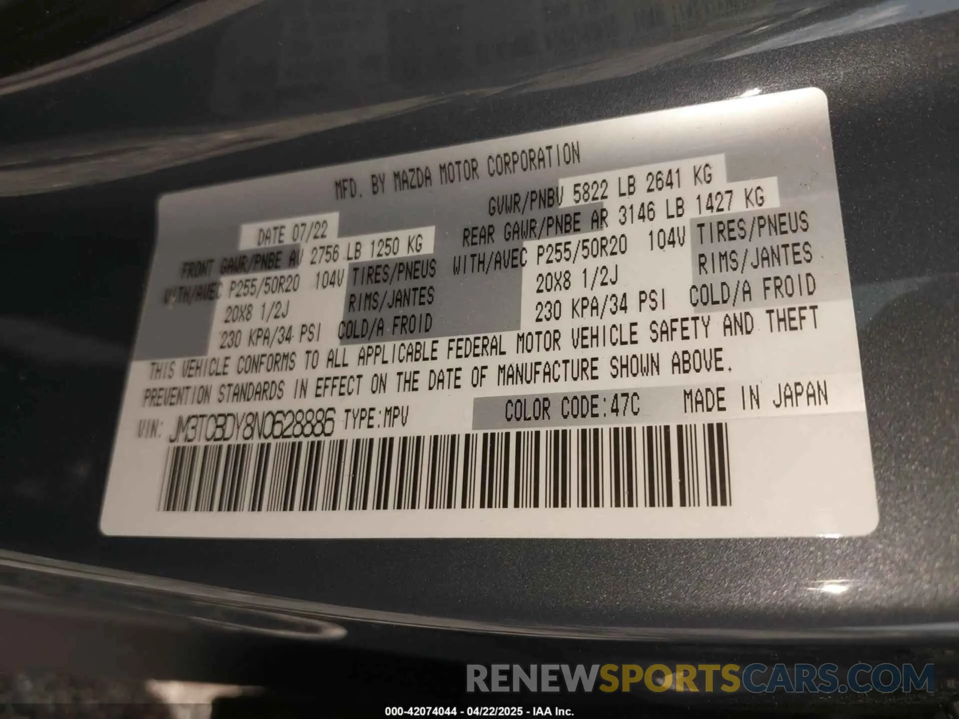9 Фотография поврежденного автомобиля JM3TCBDY8N0628886 MAZDA CX-9 2022