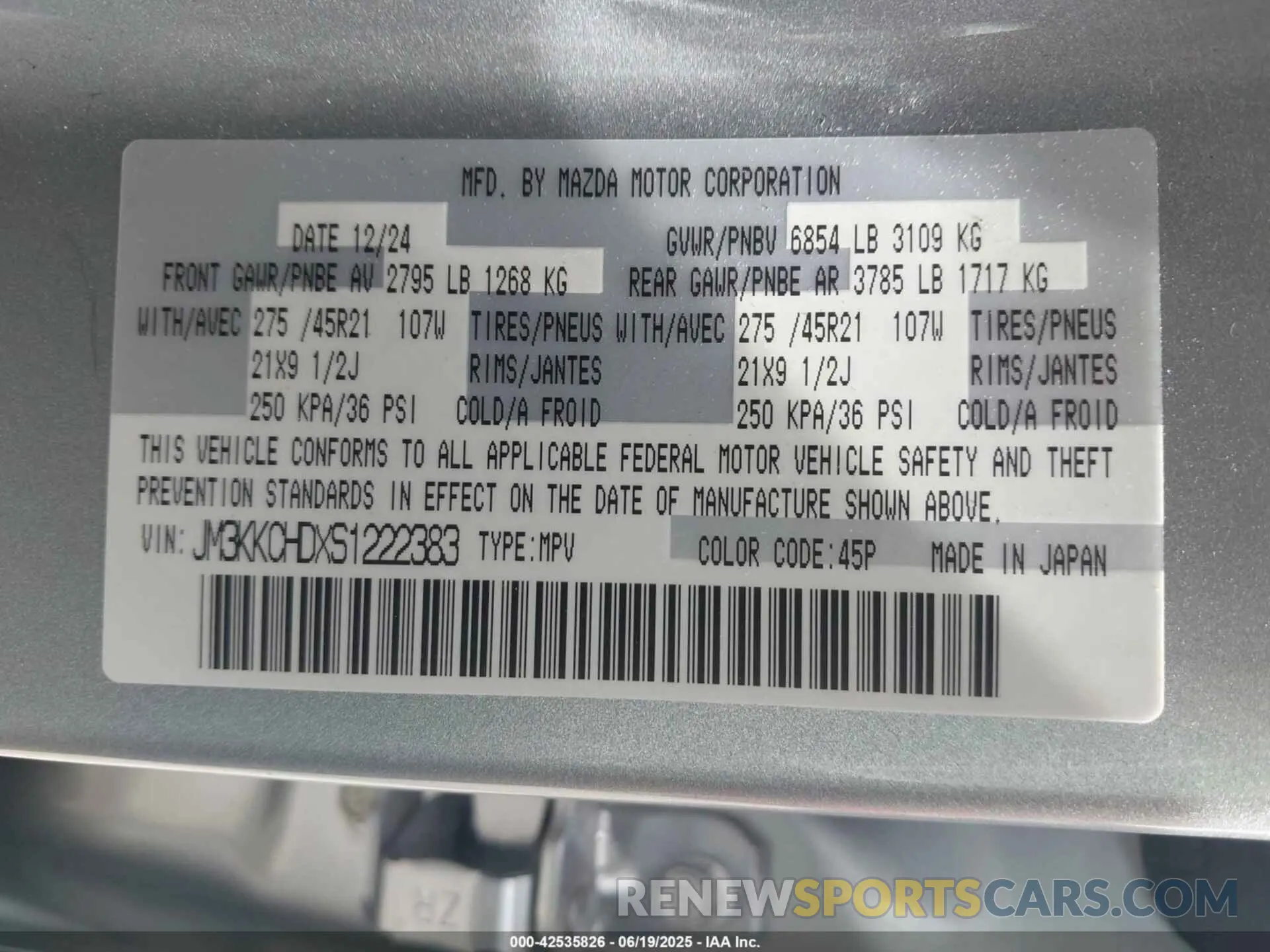 9 Фотография поврежденного автомобиля JM3KKCHDXS1222383 MAZDA CX-90 2025