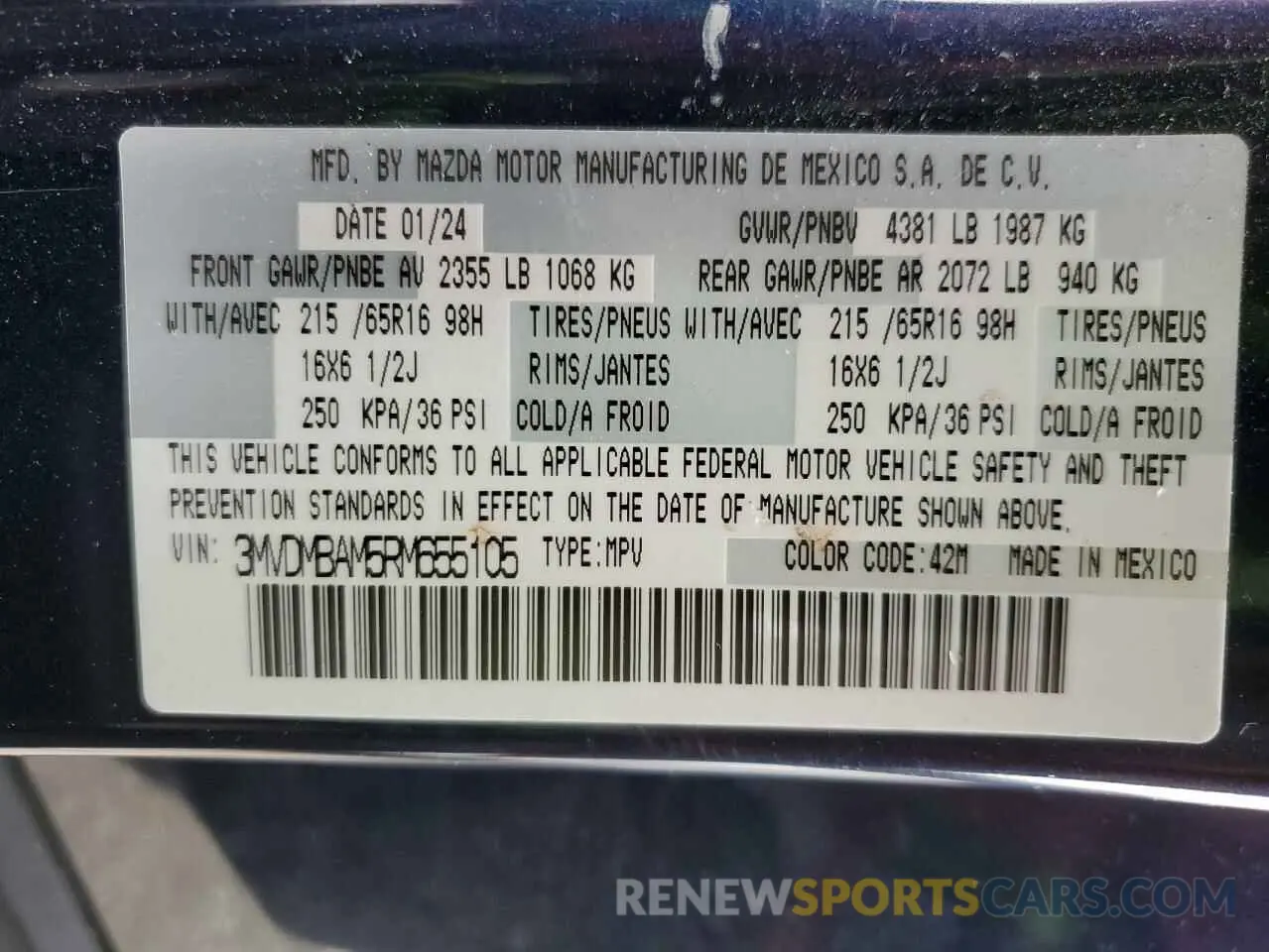 12 Фотография поврежденного автомобиля 3MVDMBAM5RM655105 MAZDA CX30 2024