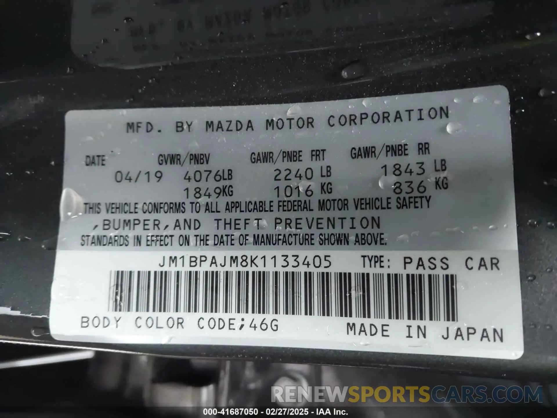 9 Фотография поврежденного автомобиля JM1BPAJM8K1133405 MAZDA MAZDA3 2019