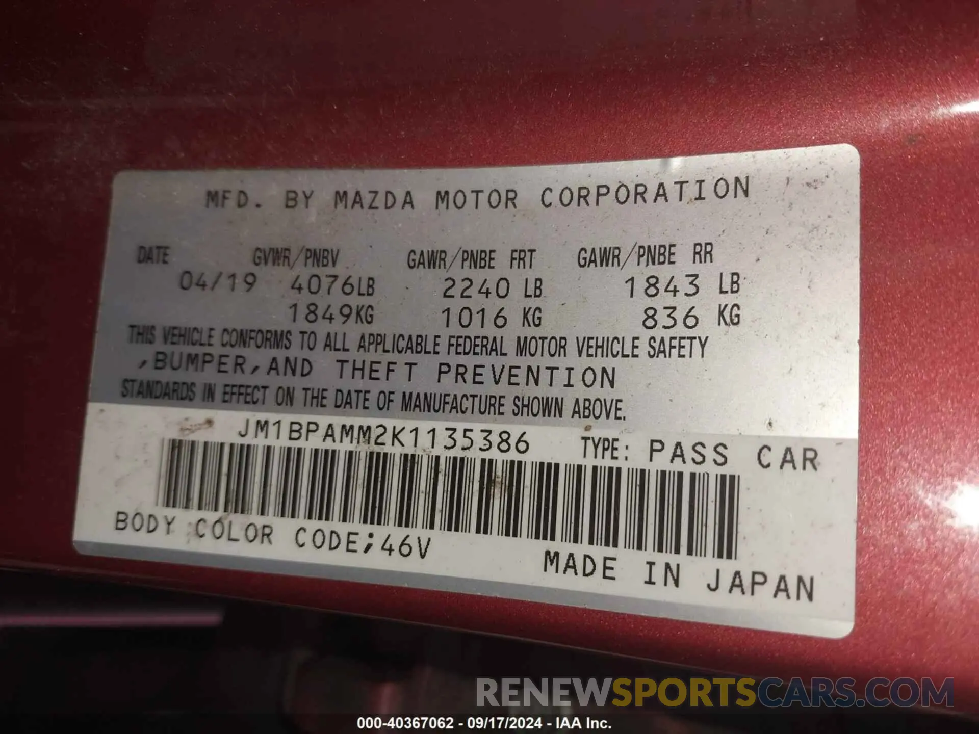 9 Photograph of a damaged car JM1BPAMM2K1135386 MAZDA MAZDA3 2019