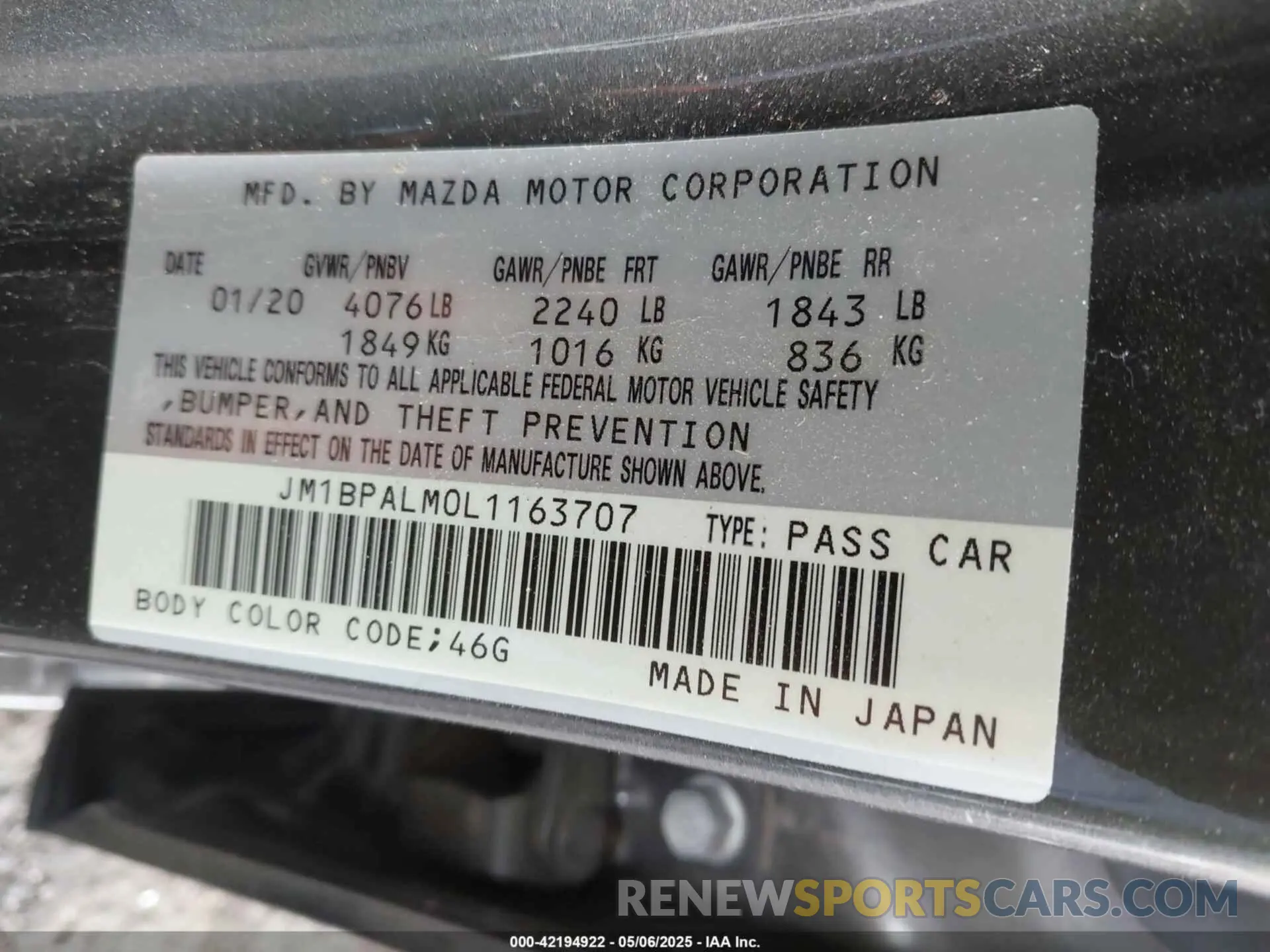 9 Фотография поврежденного автомобиля JM1BPALM0L1163707 MAZDA MAZDA3 2020