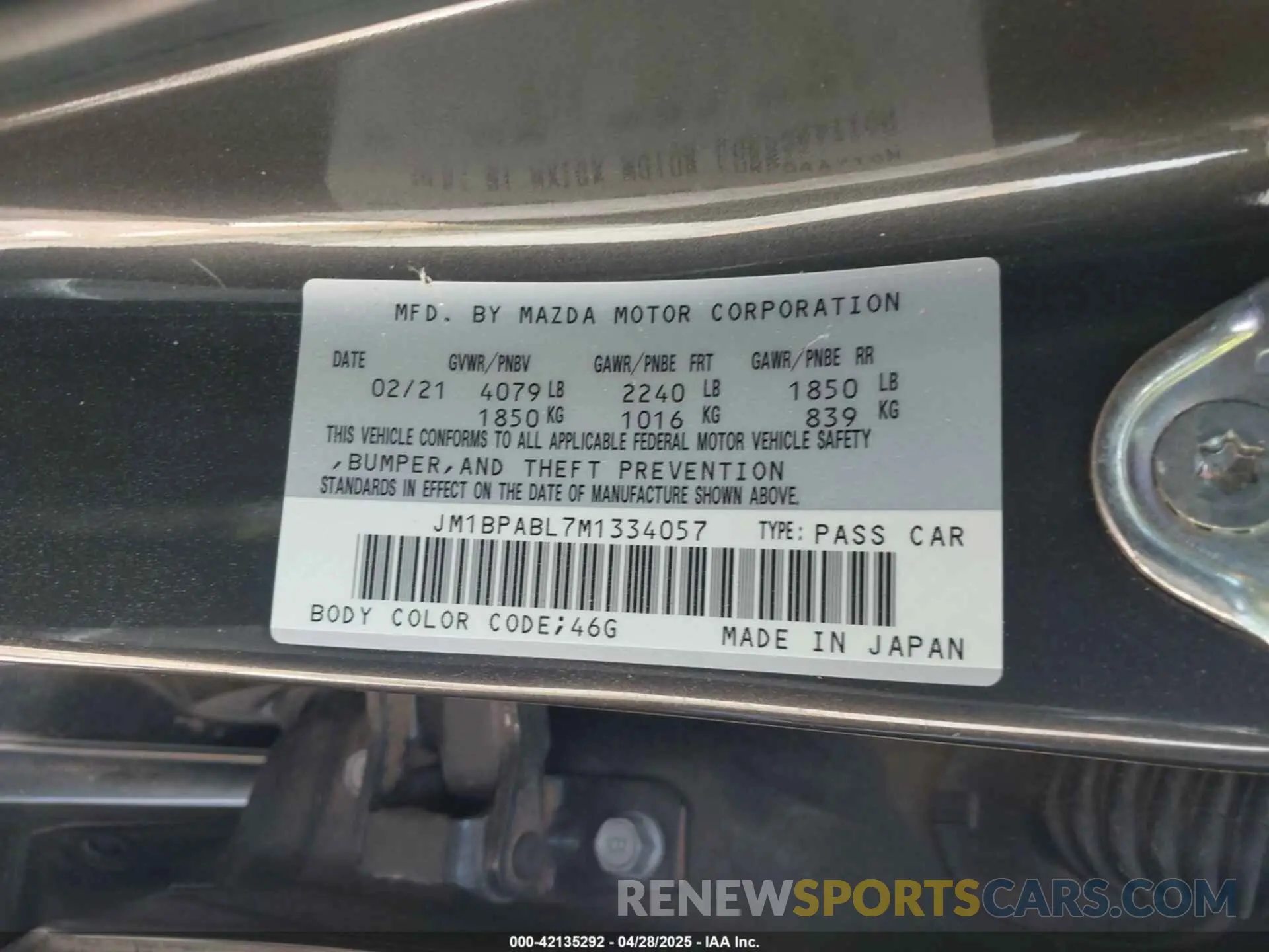 9 Фотография поврежденного автомобиля JM1BPABL7M1334057 MAZDA MAZDA3 2021