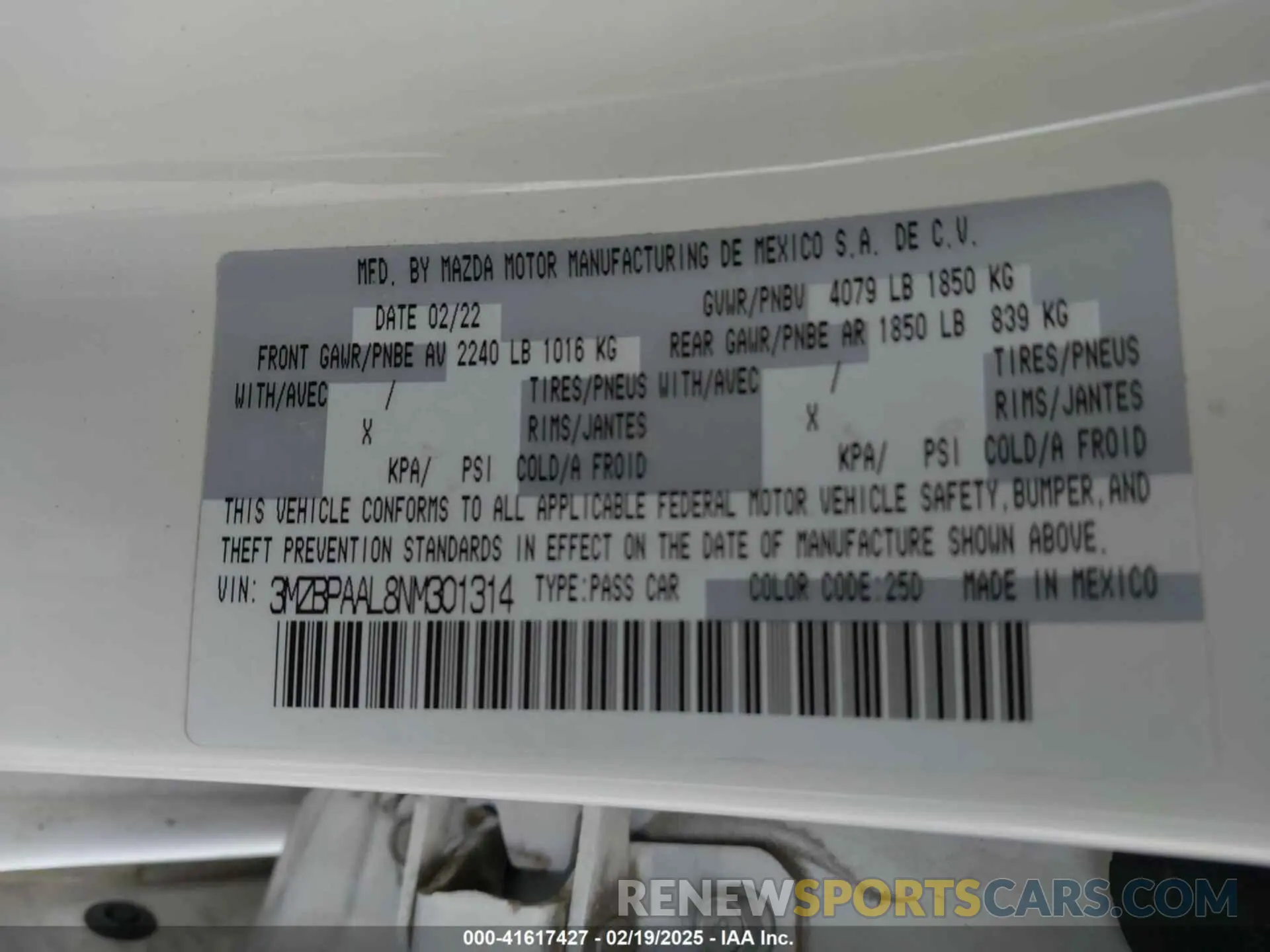 9 Фотография поврежденного автомобиля 3MZBPAAL8NM301314 MAZDA MAZDA3 2022