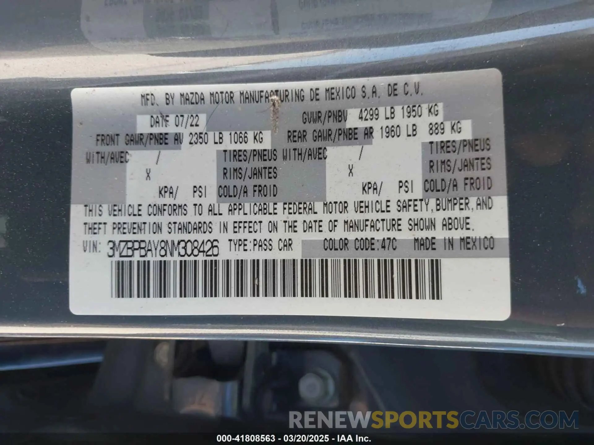 9 Фотография поврежденного автомобиля 3MZBPBAY8NM308426 MAZDA MAZDA3 2022