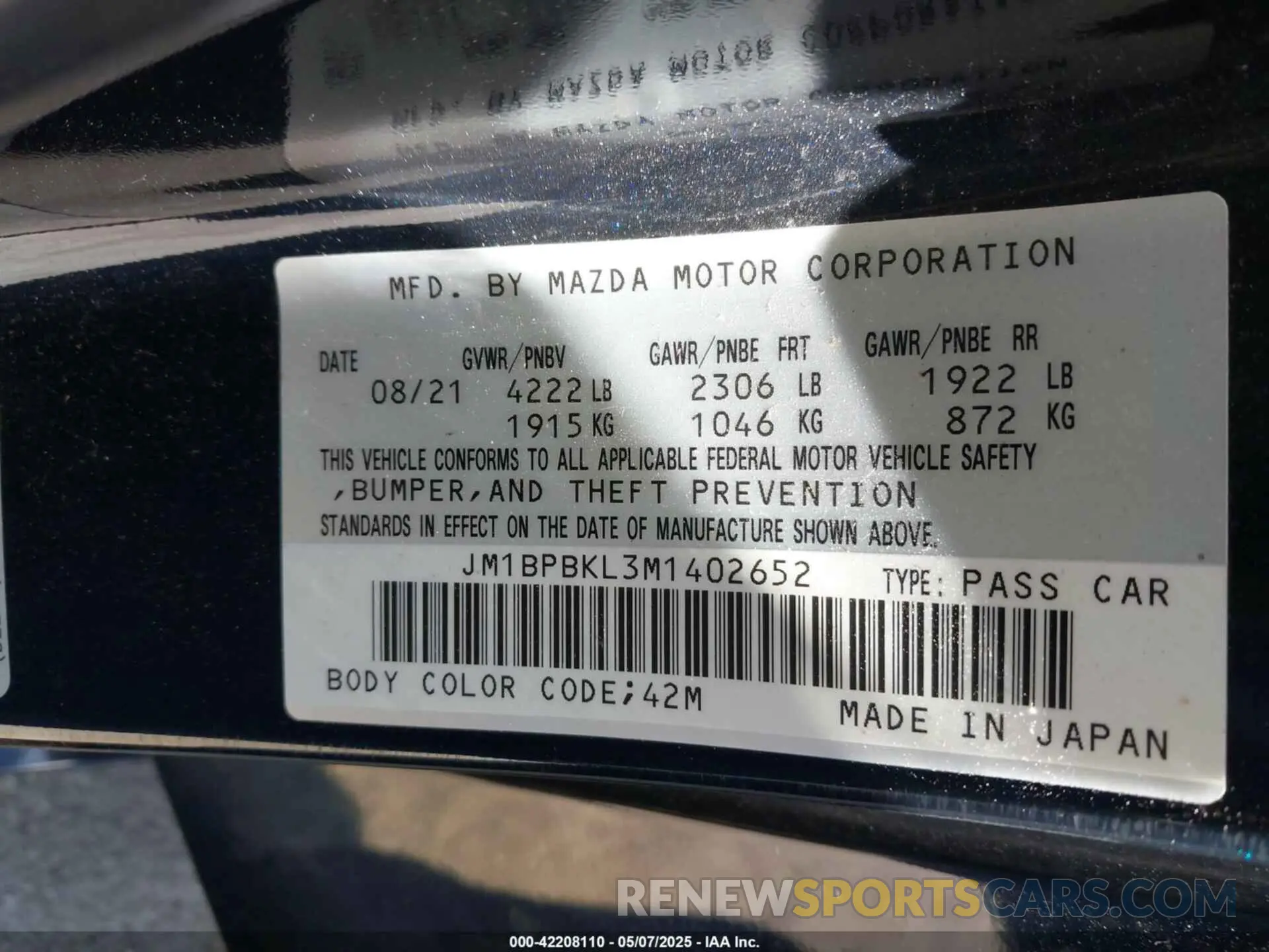 9 Photograph of a damaged car JM1BPBKL3M1402652 MAZDA MAZDA3 HATCHBACK 2021
