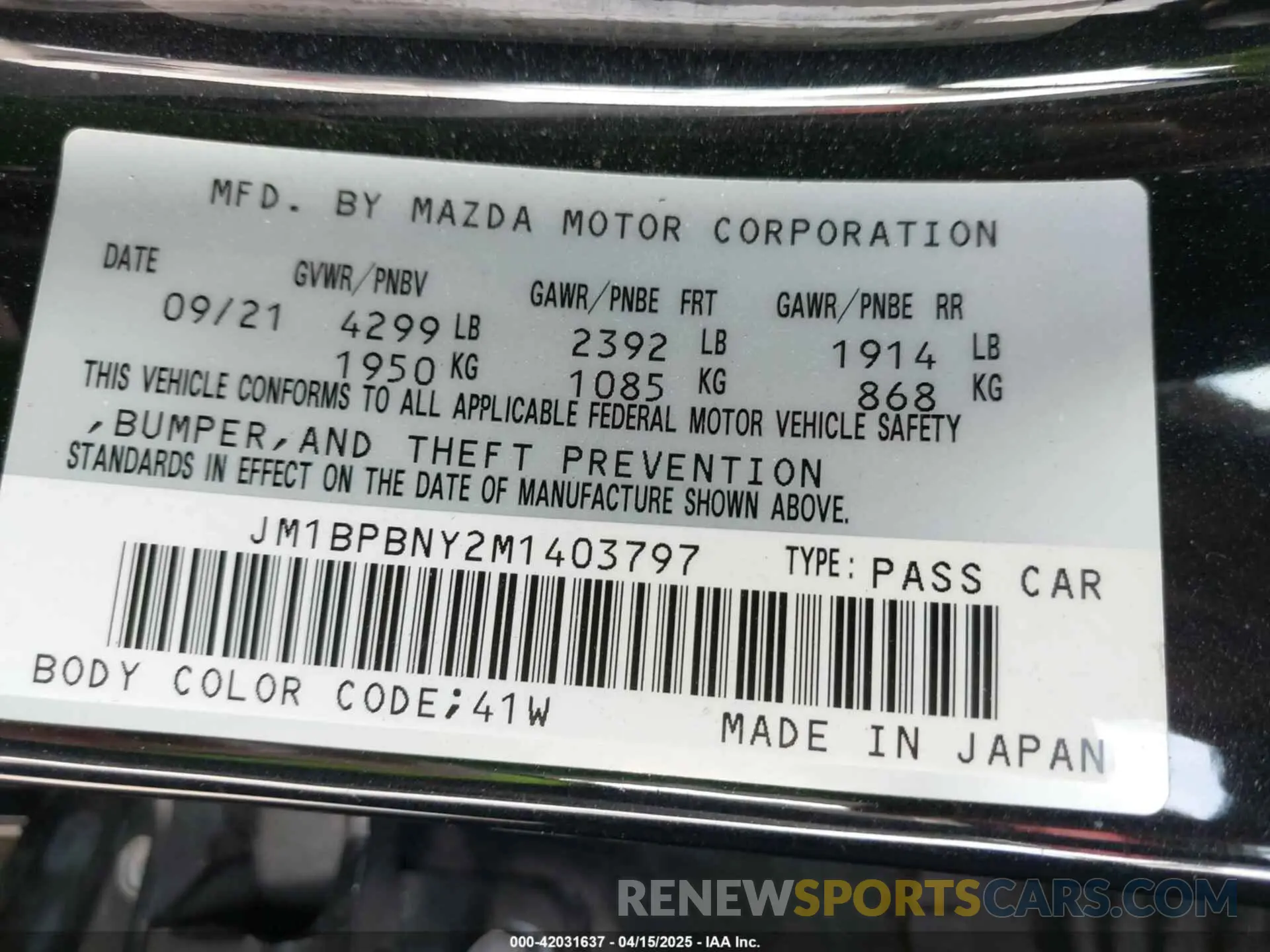 9 Фотография поврежденного автомобиля JM1BPBNY2M1403797 MAZDA MAZDA3 HATCHBACK 2021