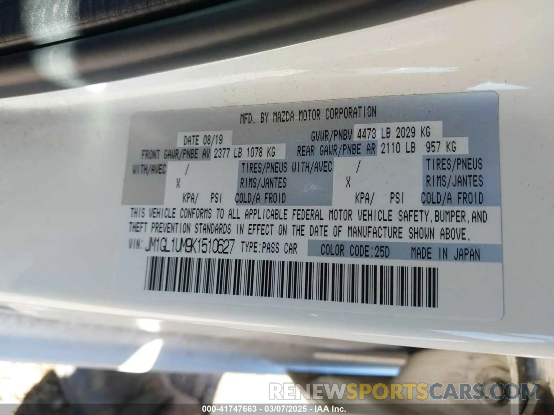 9 Photograph of a damaged car JM1GL1UM9K1510627 MAZDA MAZDA6 2019