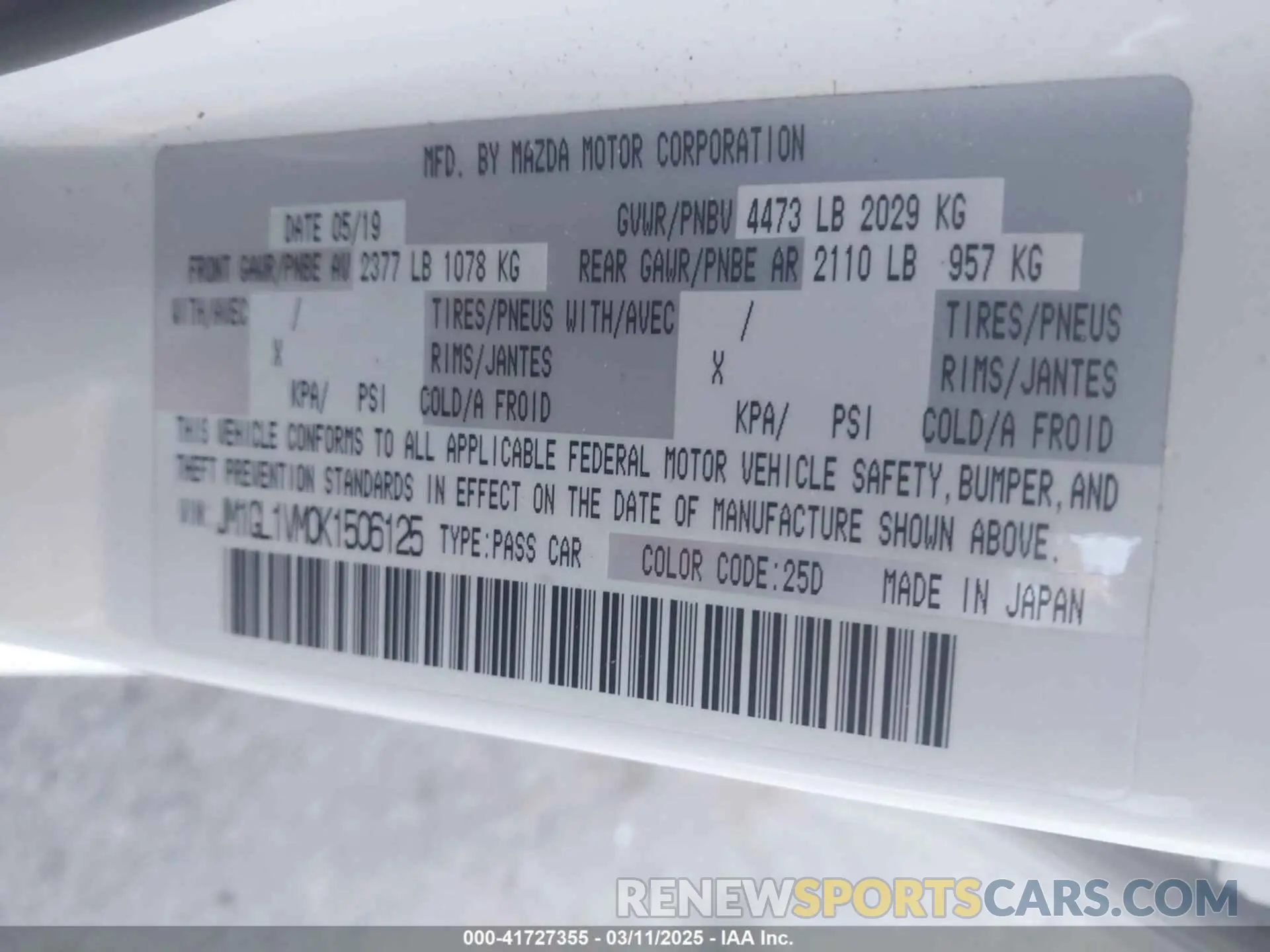9 Photograph of a damaged car JM1GL1VM0K1506125 MAZDA MAZDA6 2019