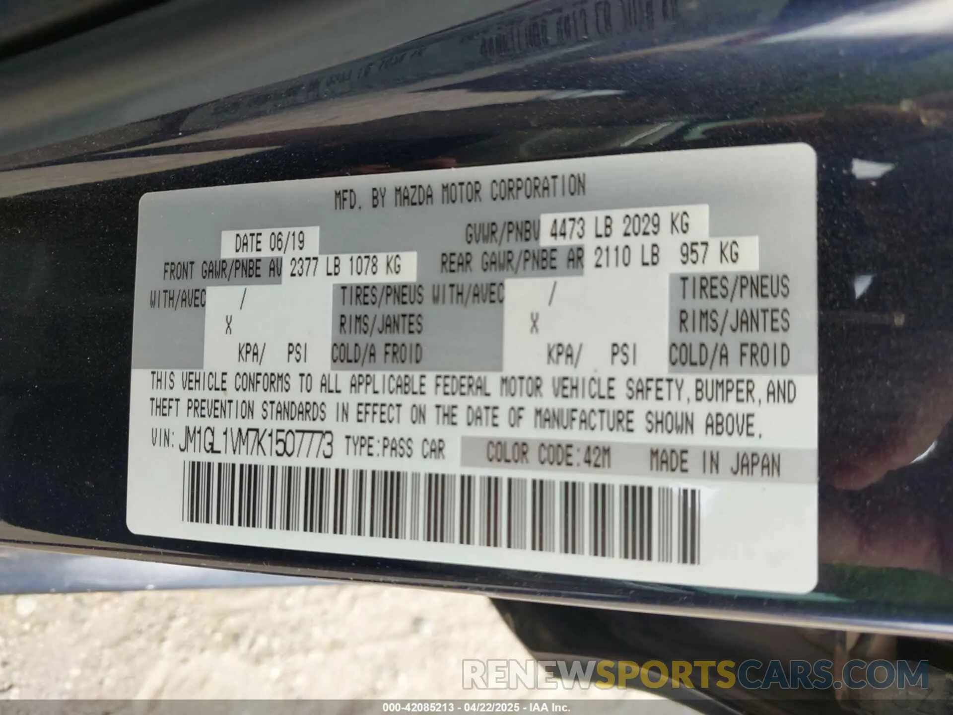 9 Фотография поврежденного автомобиля JM1GL1VM7K1507773 MAZDA MAZDA6 2019