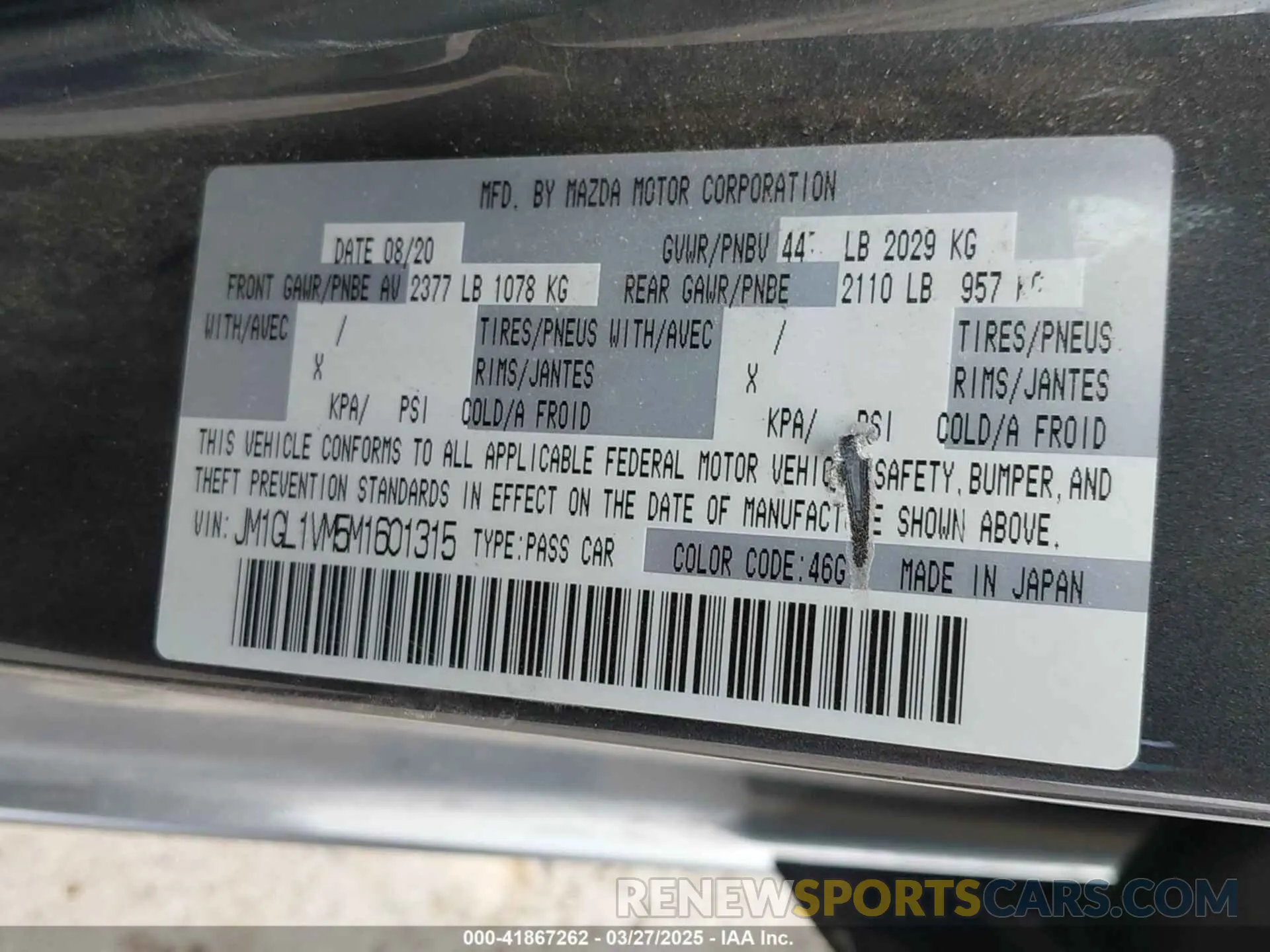9 Фотография поврежденного автомобиля JM1GL1VM5M1601315 MAZDA MAZDA6 2021