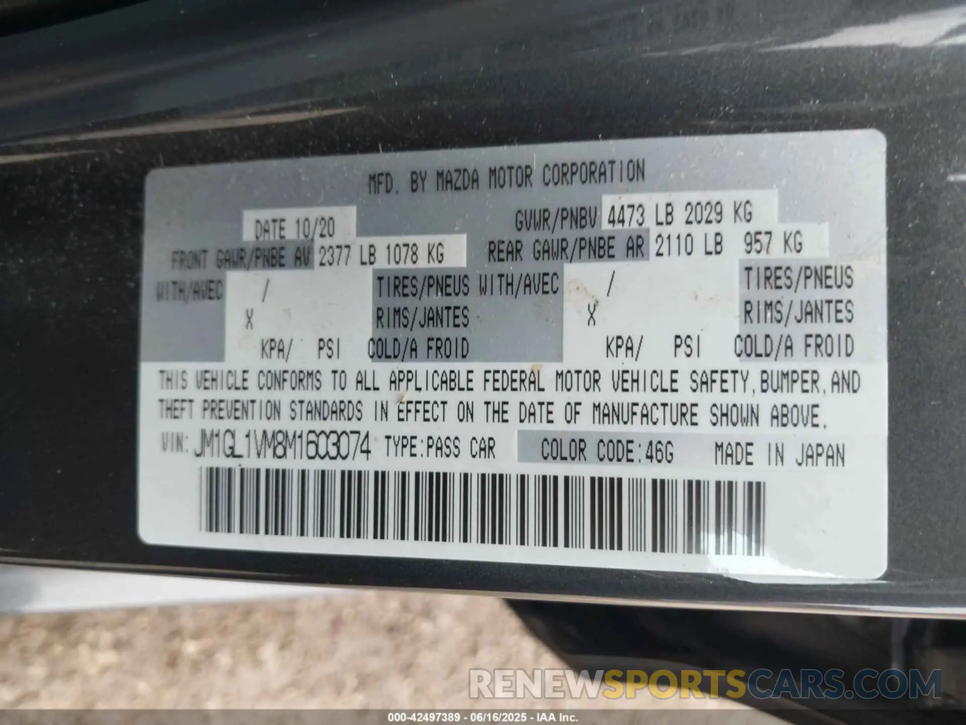 9 Фотография поврежденного автомобиля JM1GL1VM8M1603074 MAZDA MAZDA6 2021