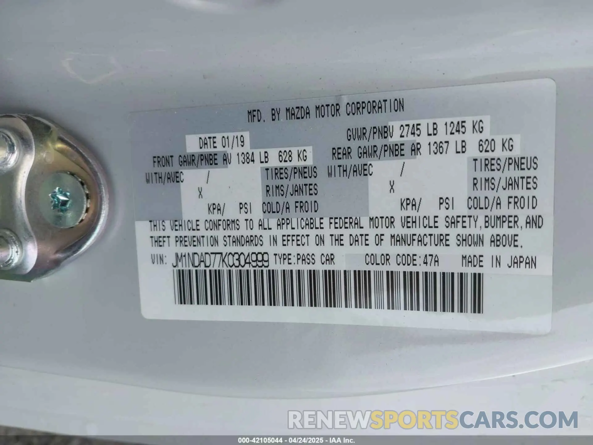 9 Фотография поврежденного автомобиля JM1NDAD77K0304999 MAZDA MX-5 MIATA 2019