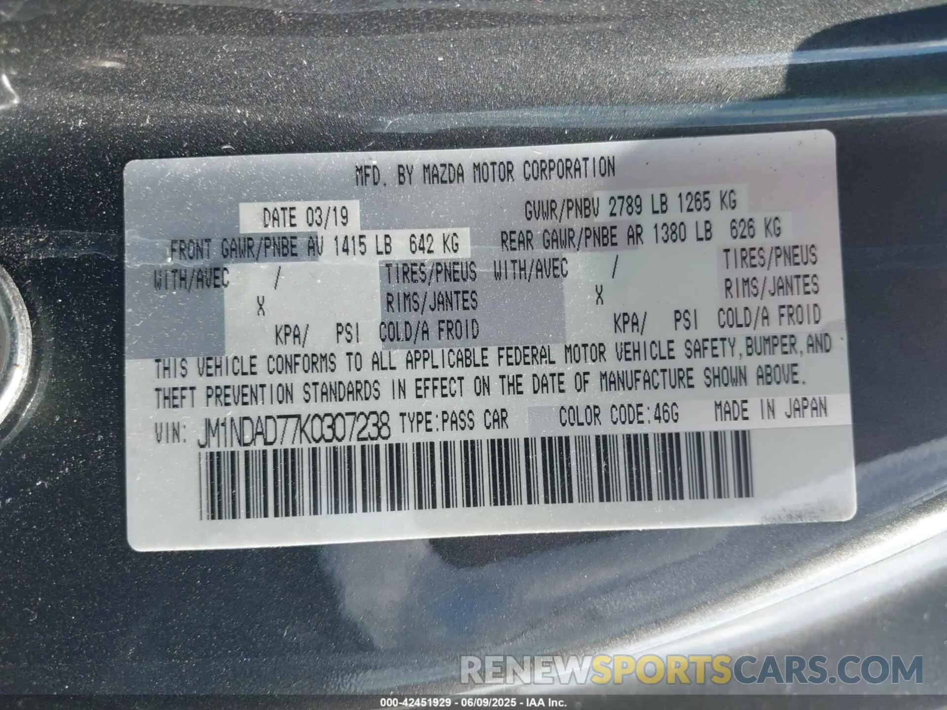 9 Photograph of a damaged car JM1NDAD77K0307238 MAZDA MX-5 MIATA 2019